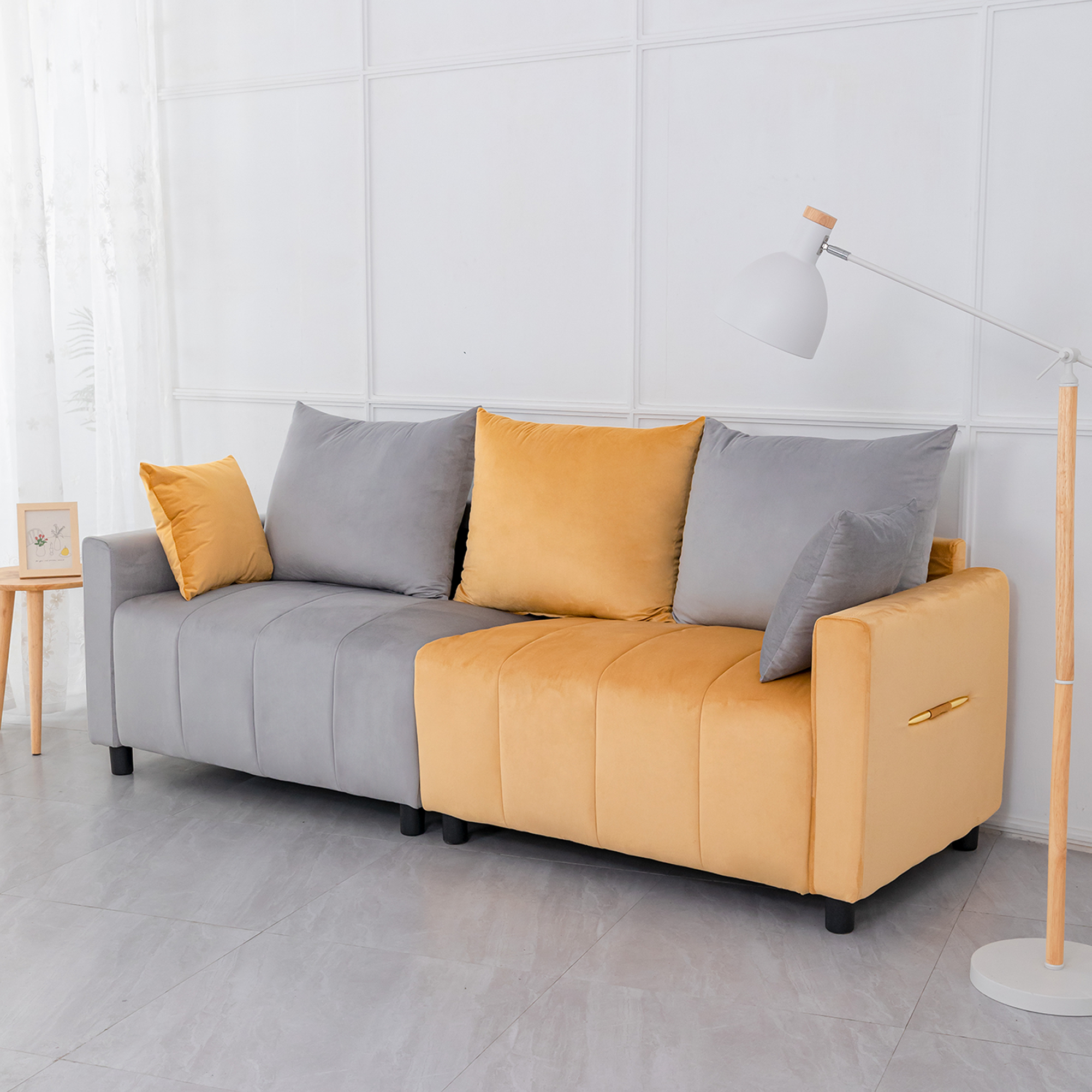 Sofa Modern Velvet Two-Tone Gray Yellow 2 Seat 82 In