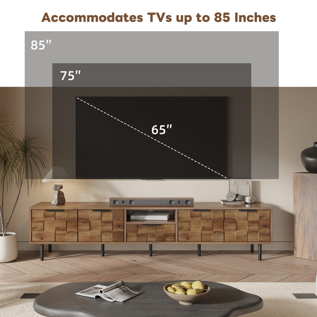 TV Stand Natural Wood Checkered MDF Soft-Close Doors Fits 85 In TV 78.7 In