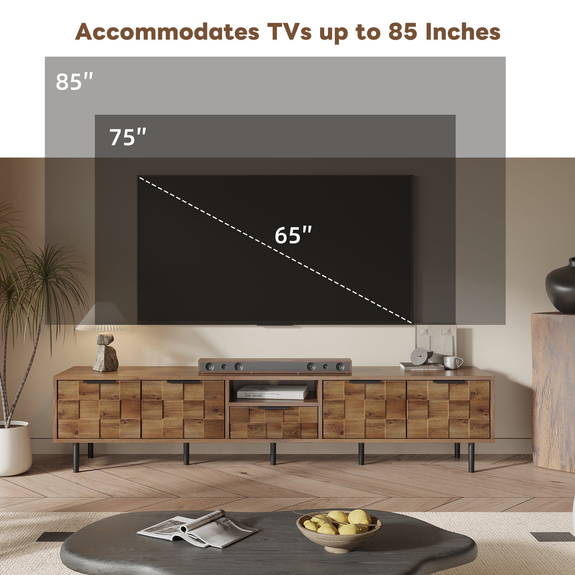 TV Stand Natural Wood Checkered MDF Soft-Close Doors Fits 85 In TV 78.7 In