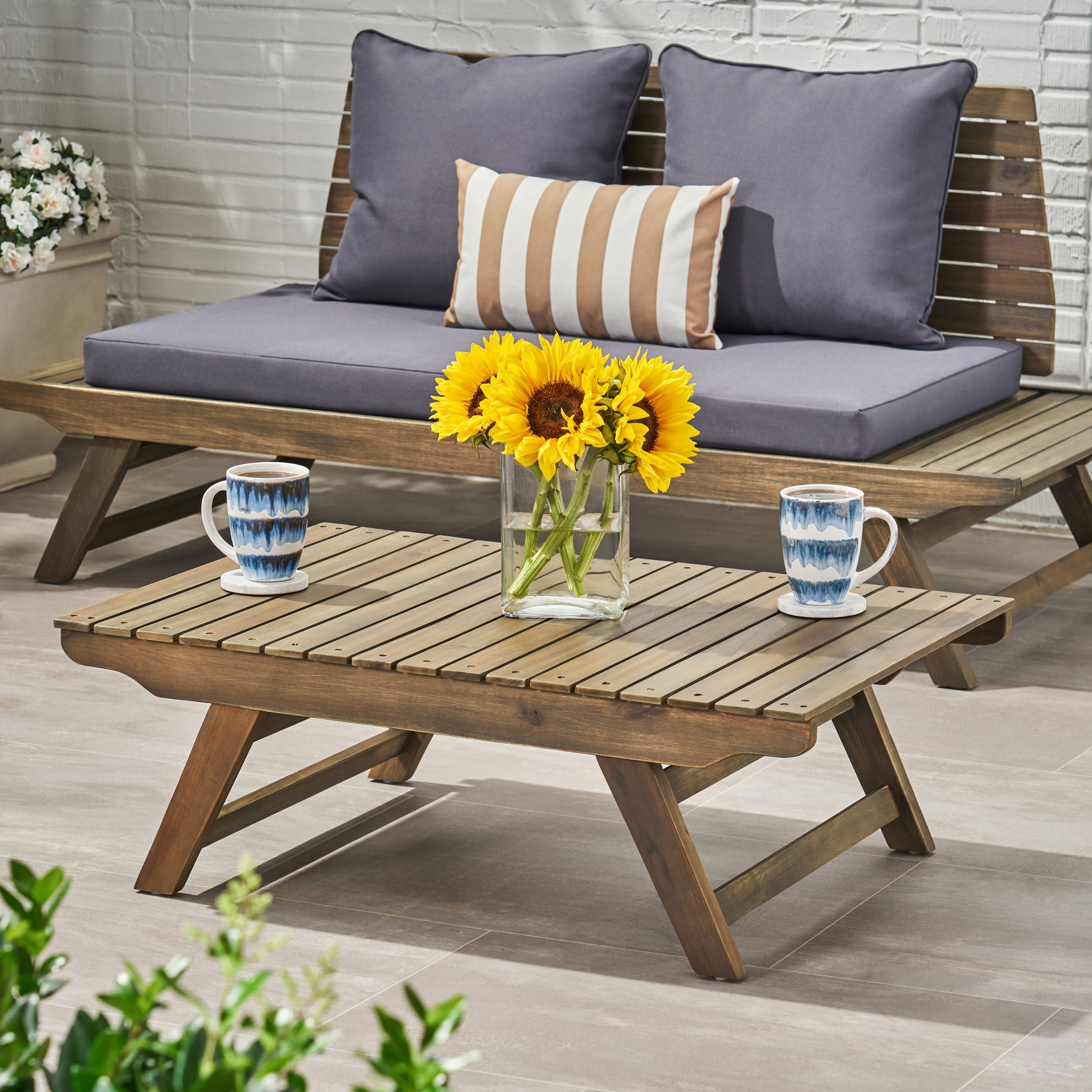 Outdoor Coffee Table Acacia Wood Gray Open Slat Design 37x24x12.5 In