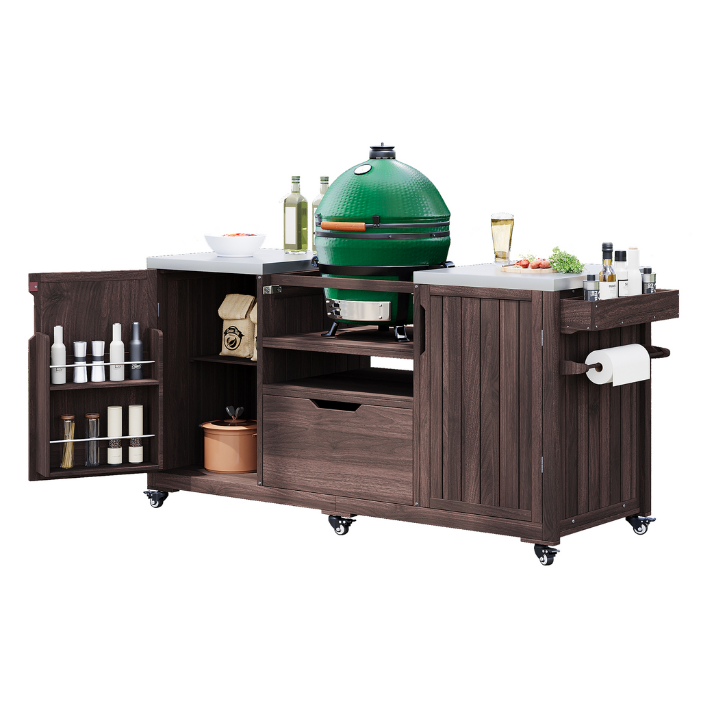 Outdoor Kitchen Island Grill Cart Fir Wood Stainless Steel 66.5