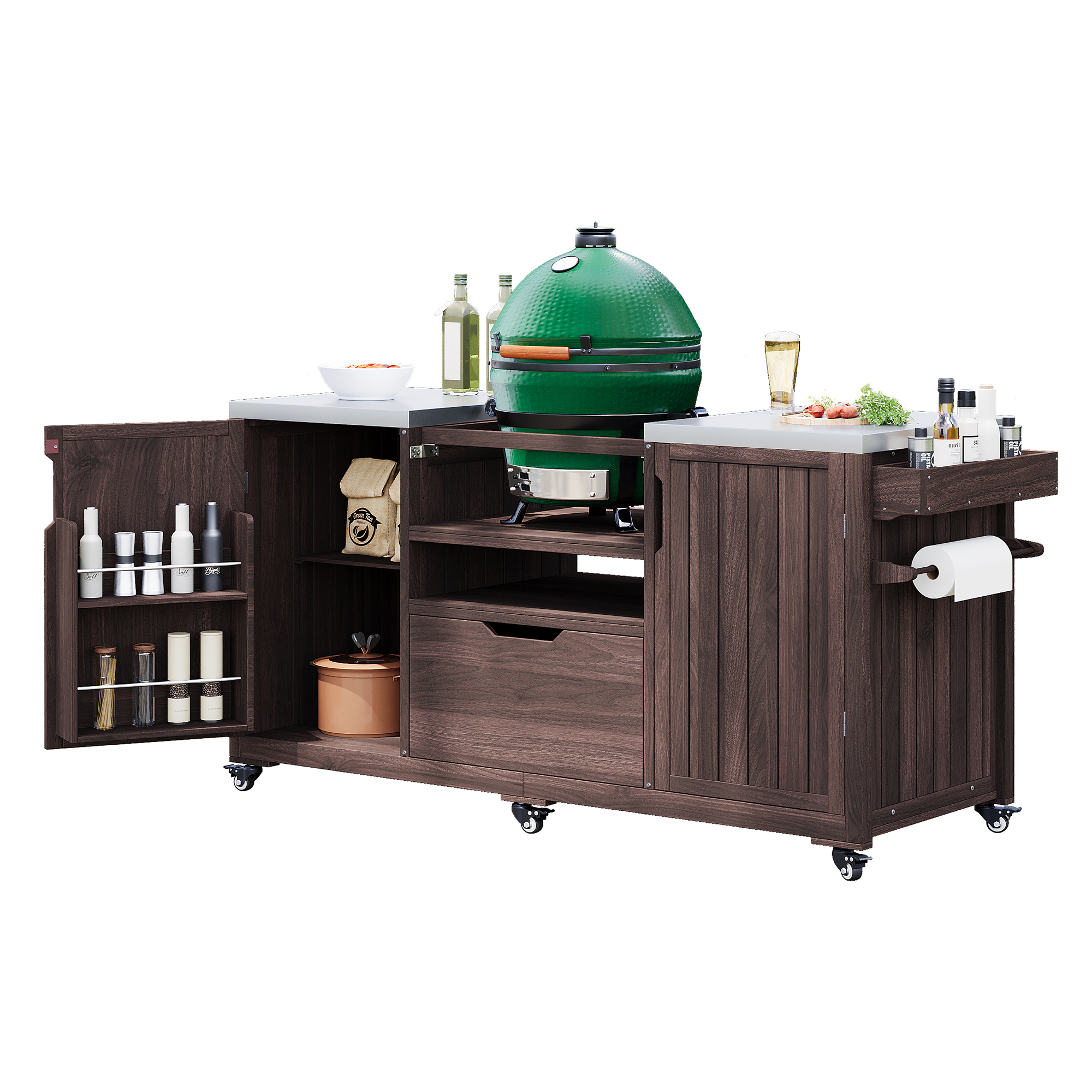 Outdoor Kitchen Island Grill Cart Fir Wood Stainless Steel 66.5