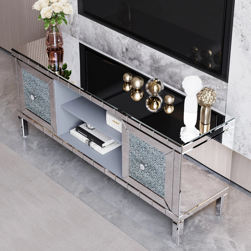 TV Stand Mirrored Crushed Diamond Glass Silver 59 In Fits 65 In TV