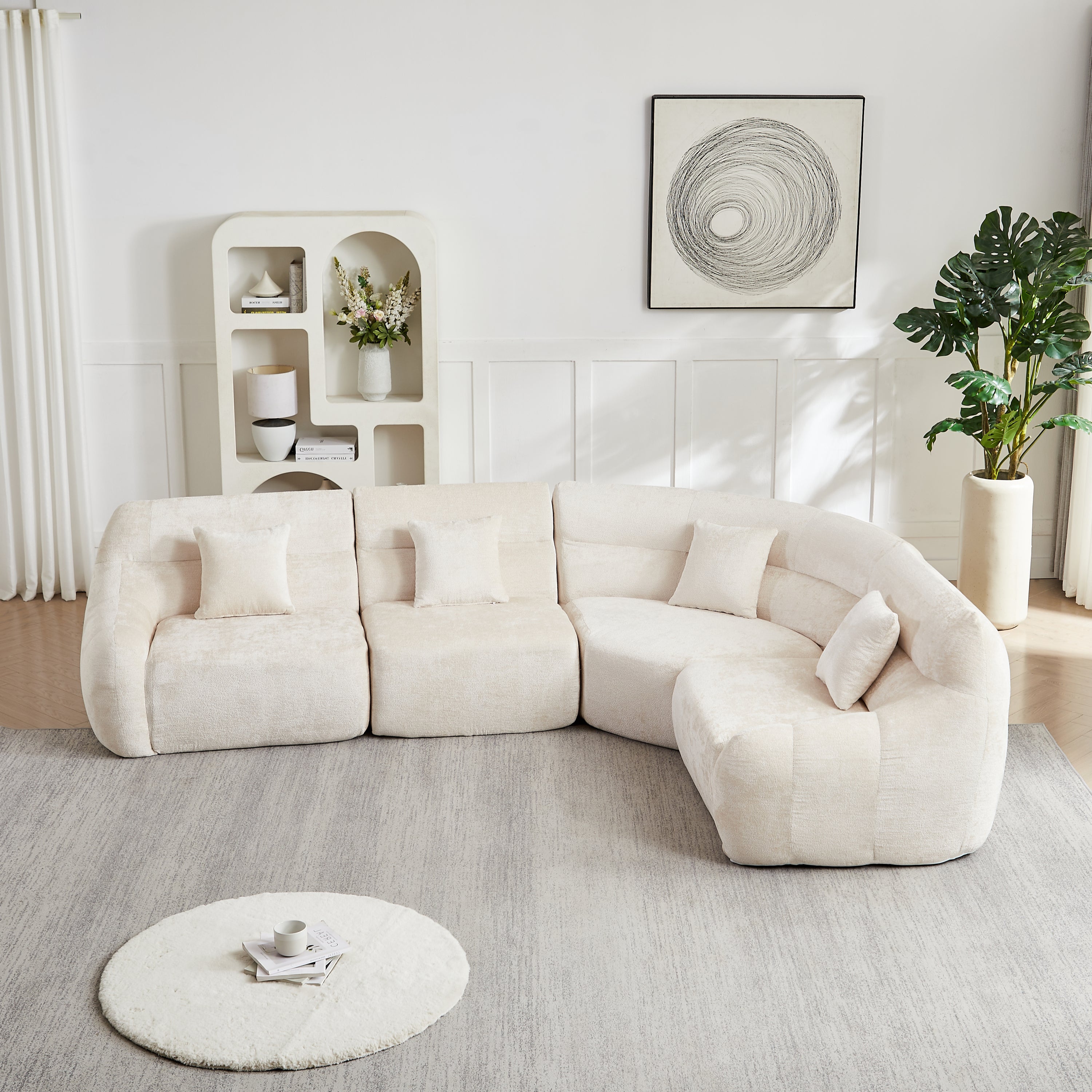 Sectional Sofa Curved Modular Chenille Beige 4 Seat 900 LB No Assembly