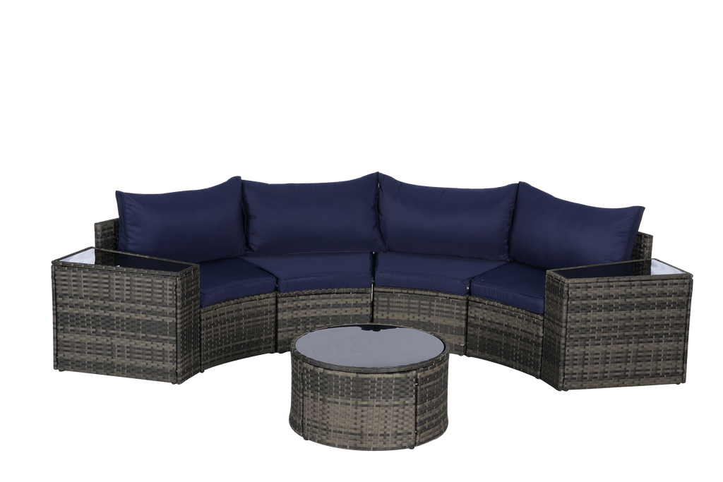 Outdoor Sectional Set PE Rattan Steel Dark Blue Half Moon 7 Piece 380 LB