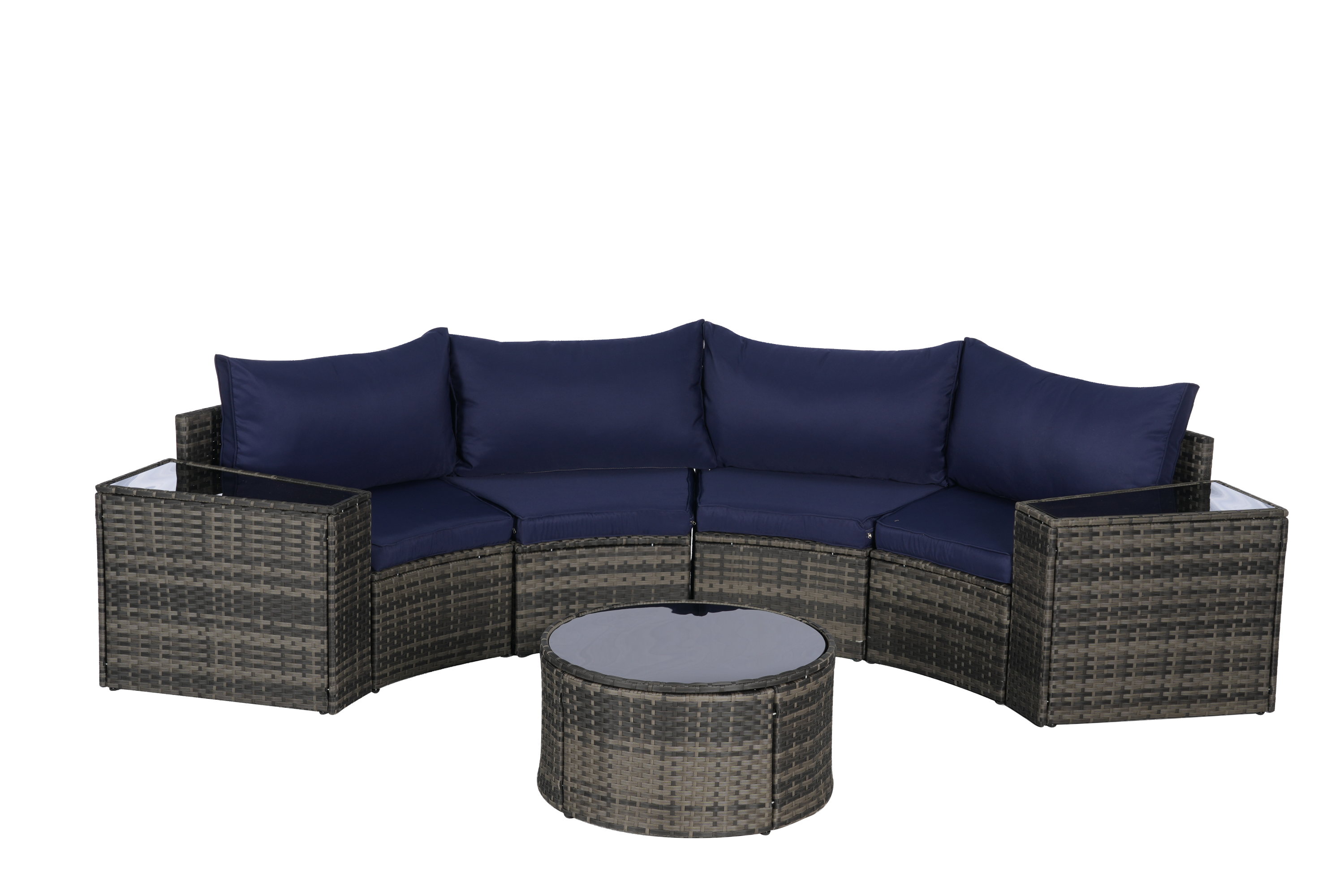 Outdoor Sectional Set PE Rattan Steel Dark Blue Half Moon 7 Piece 380 LB