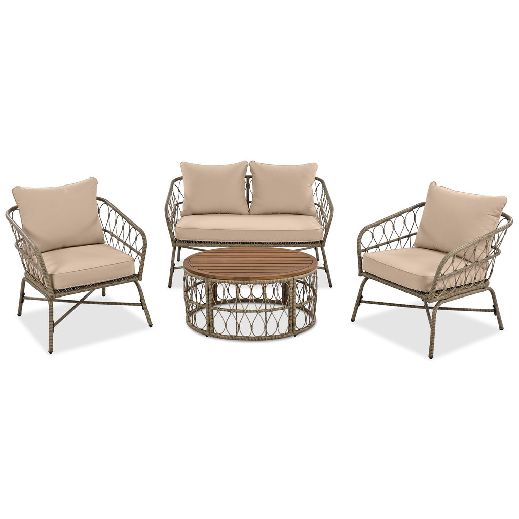 Outdoor Patio Set Wicker Boho Beige Cushion Oval Acacia Table 4 Piece