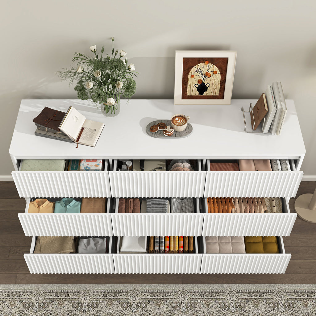 Dresser Mid-Century 9-Drawer White Wave No-Handle 59.1x15.7x31.6 In
