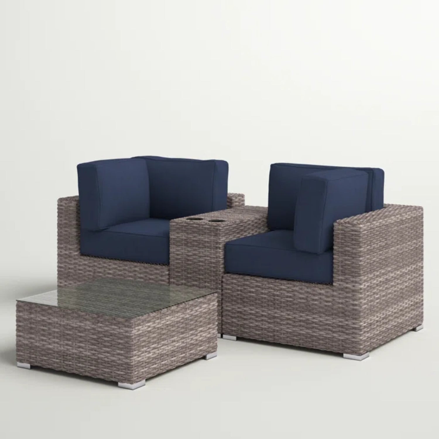 Outdoor Loveseat Set 2-Seat Wicker Gray Cupholder