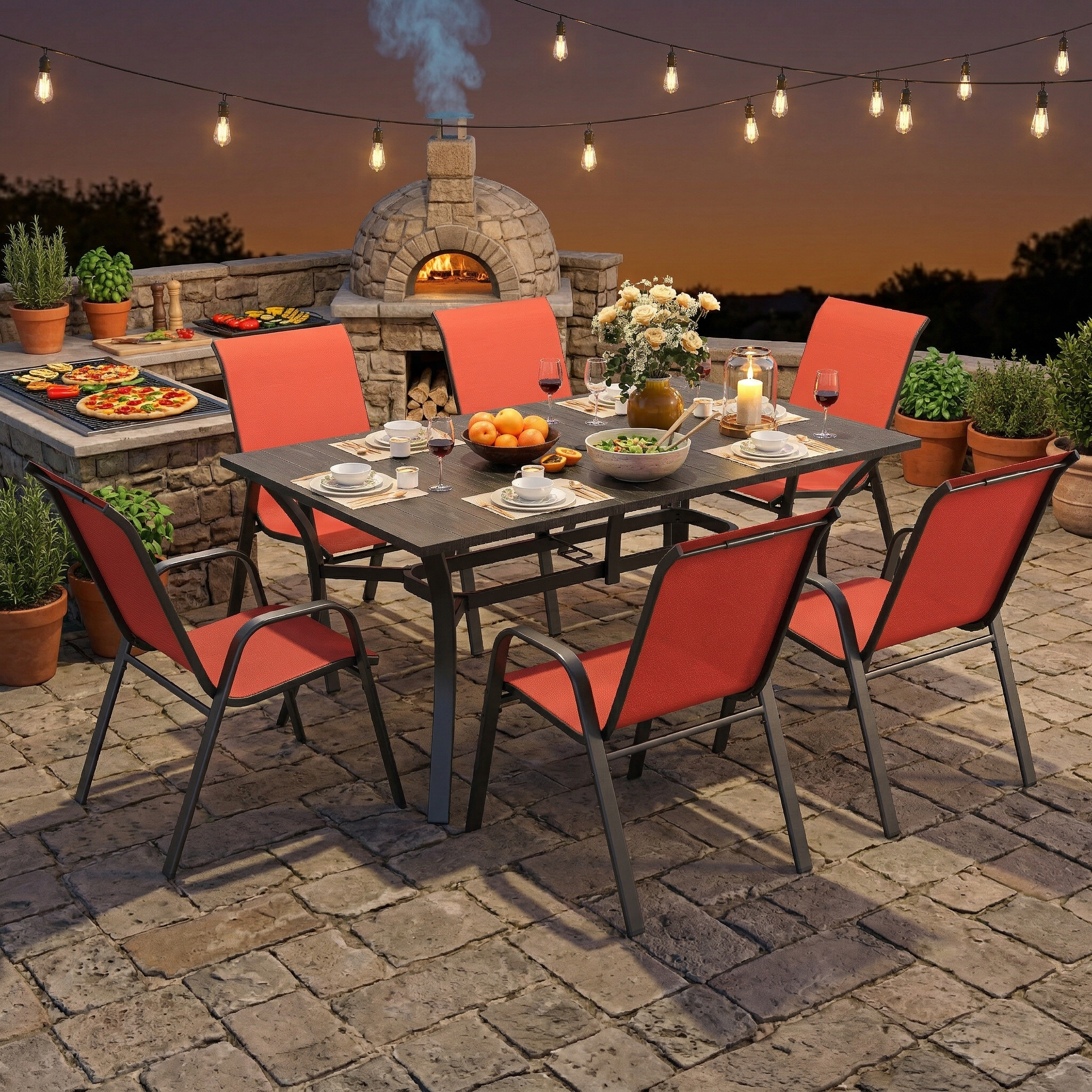 7-Piece Outdoor Patio Dining Set, 63' x 38' Rectangular Wood-Grain Metal Table