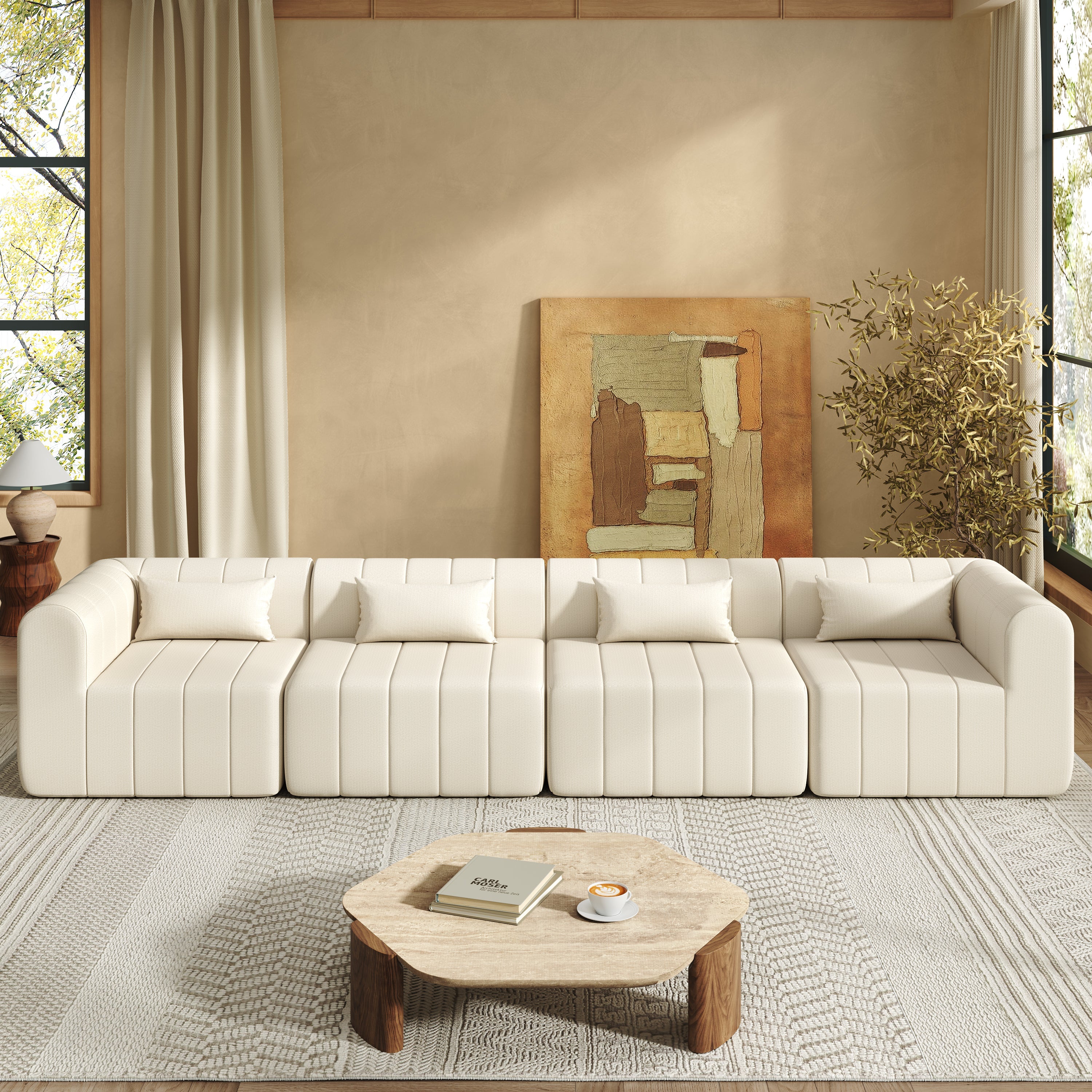 Sectional Sofa Modular Polyester Beige 4 Seat 145 In No Assembly