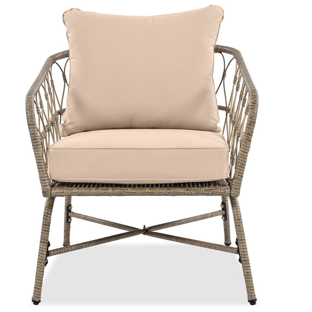 Outdoor Patio Set Wicker Boho Beige Cushion Oval Acacia Table 4 Piece