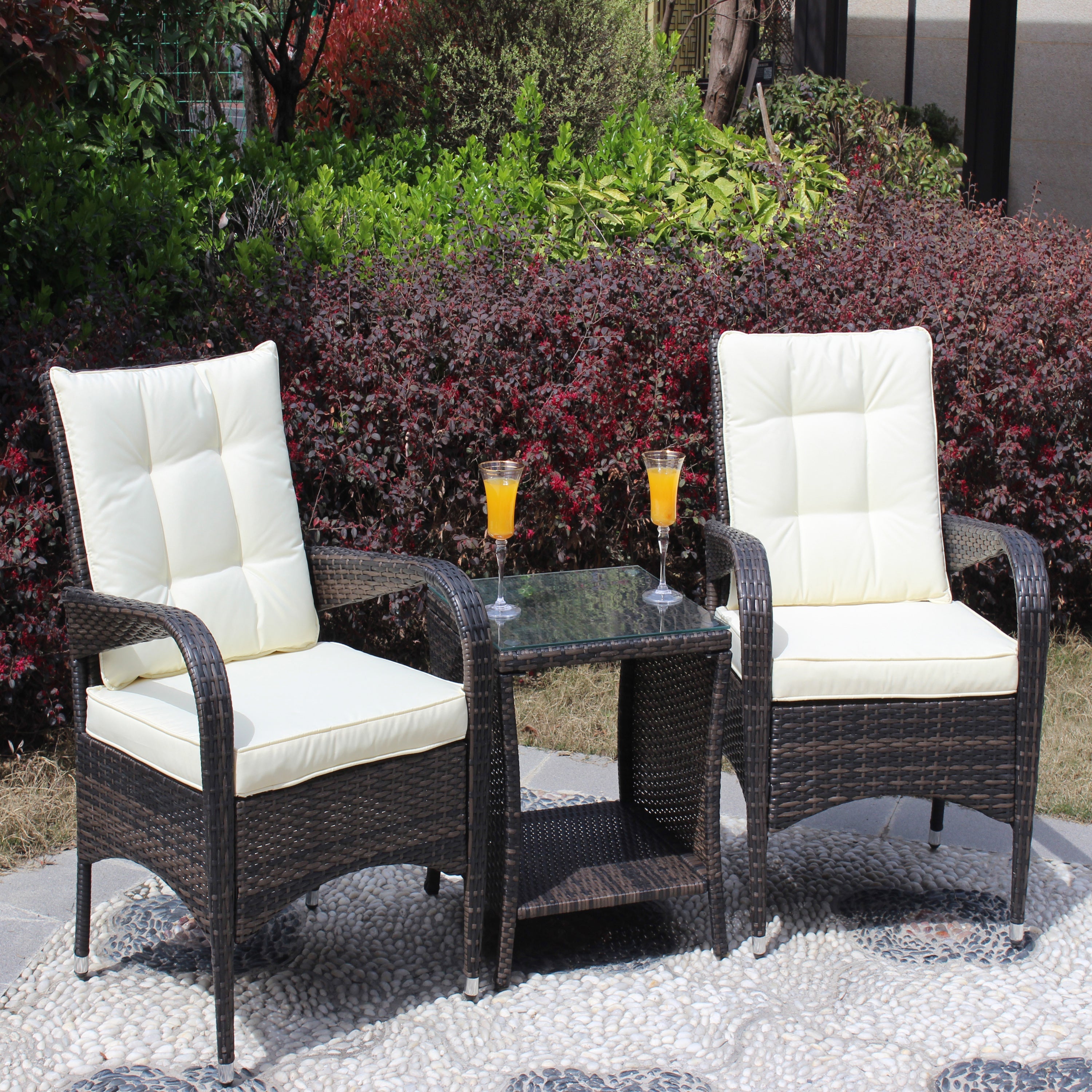 Outdoor Conversation Set PE Rattan Steel Brown Beige Cushion 3 Piece
