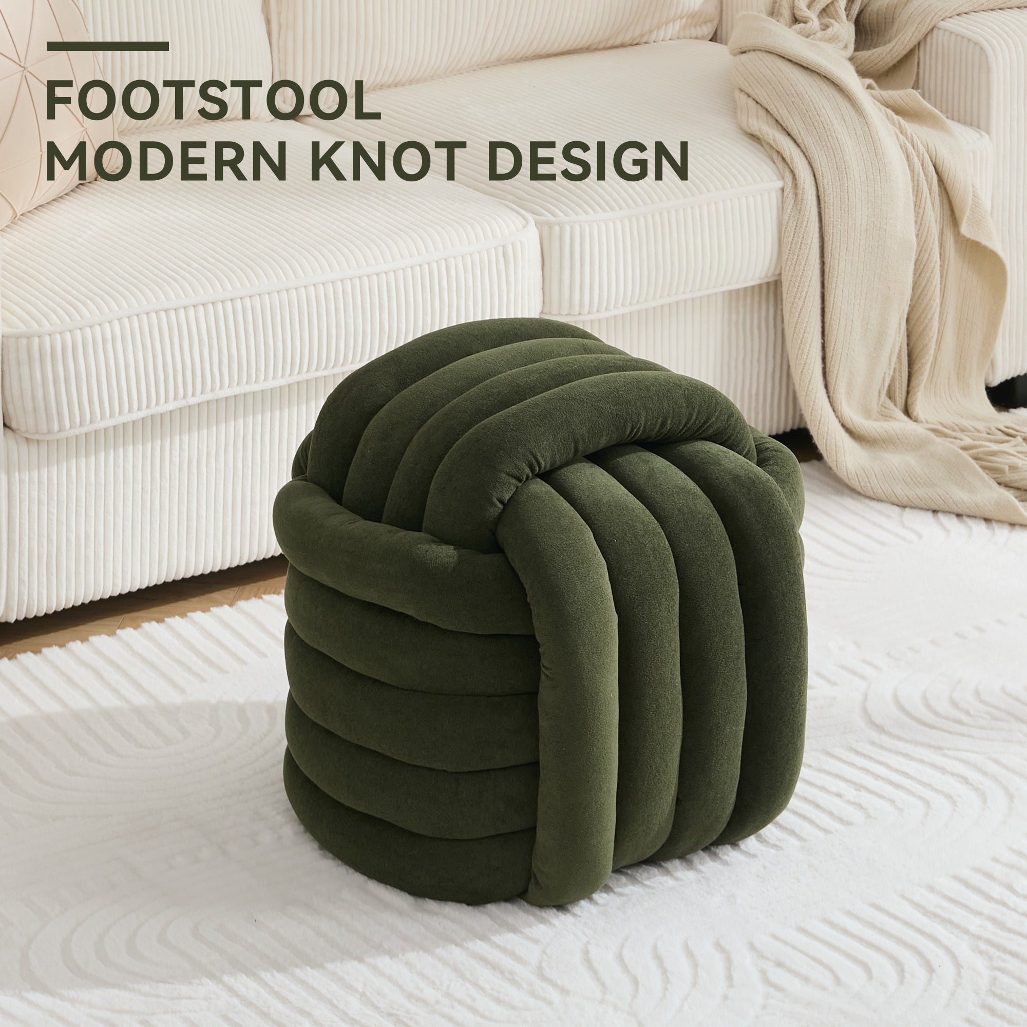 Chenille Knot Design Ottoman Makeup Stool Footstool, Green