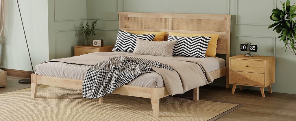 King Size Solid Wood Bed with Rattan Headboard, Rubber Wood Bed with Central