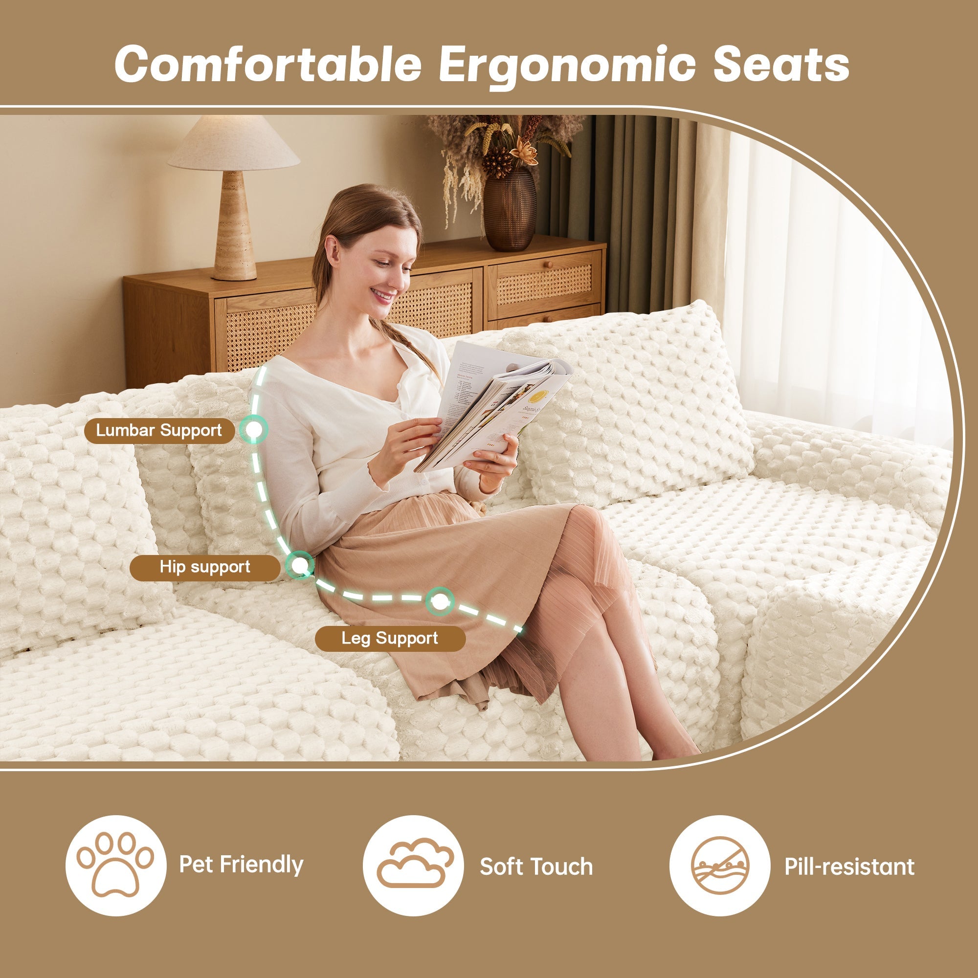 Sectional Sofa Modular Flannelette Cream Deep Seat 2 Seat No Assembly