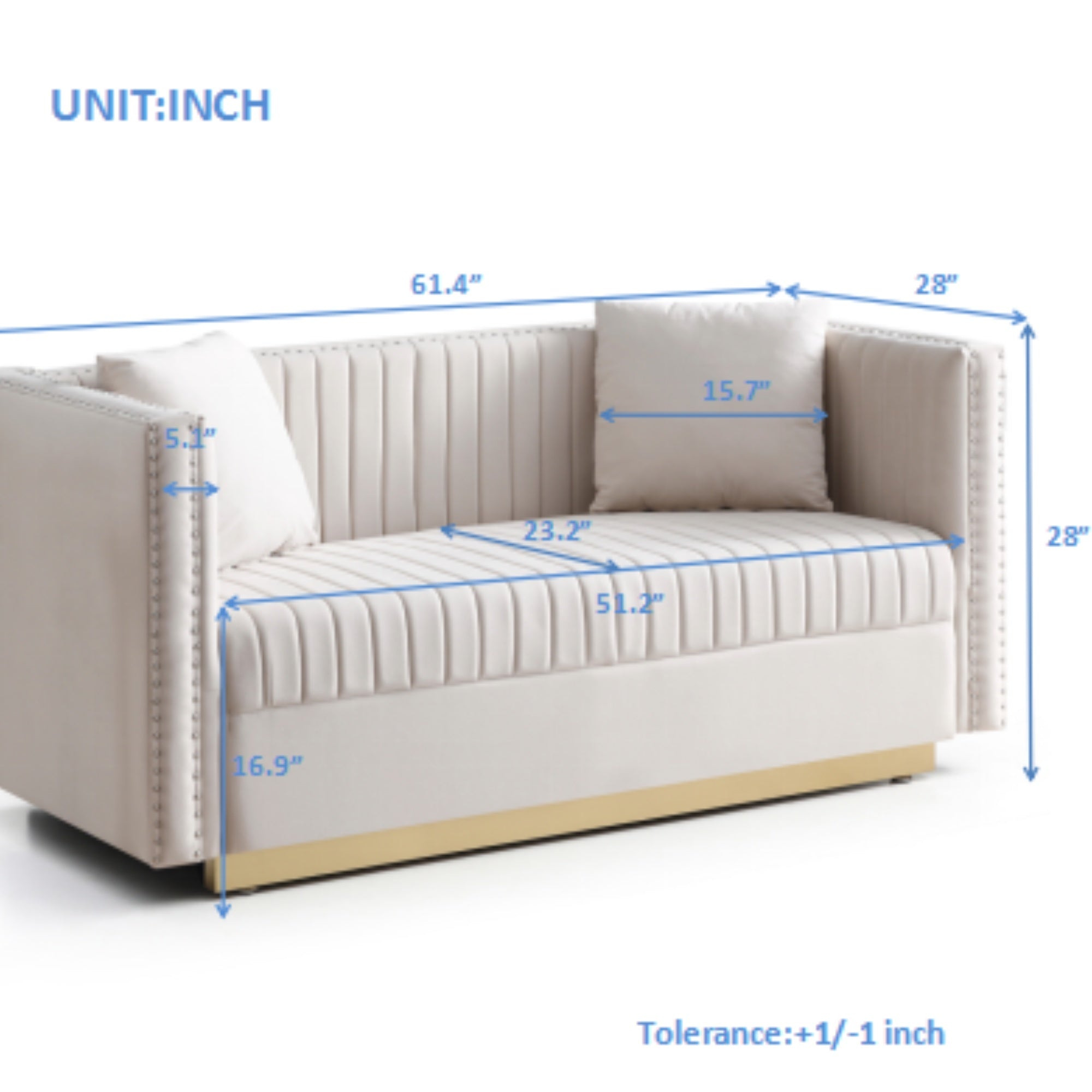 Beige Velvet Channel Tufted Loveseat 61" Gold Base 2-Seat
