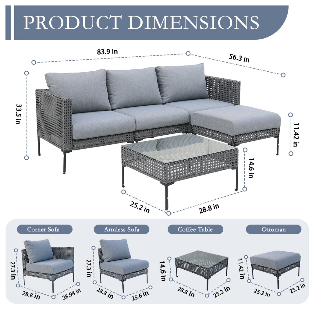 Outdoor Sectional Set Aluminum Woodgrain Gray L-Shape Adjustable Feet