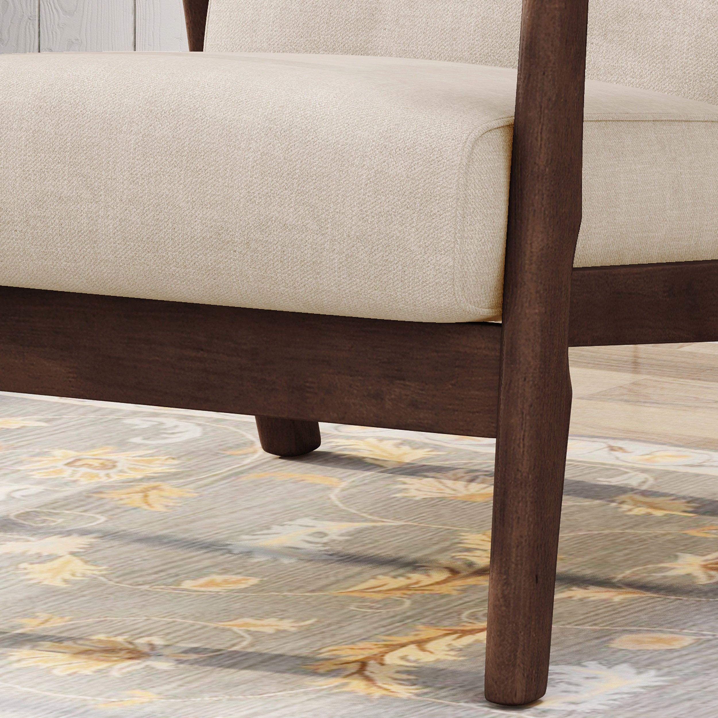 Accent Chair Mid-Century Tufted Beige Rubberwood Bent Arms 25x32x32 In