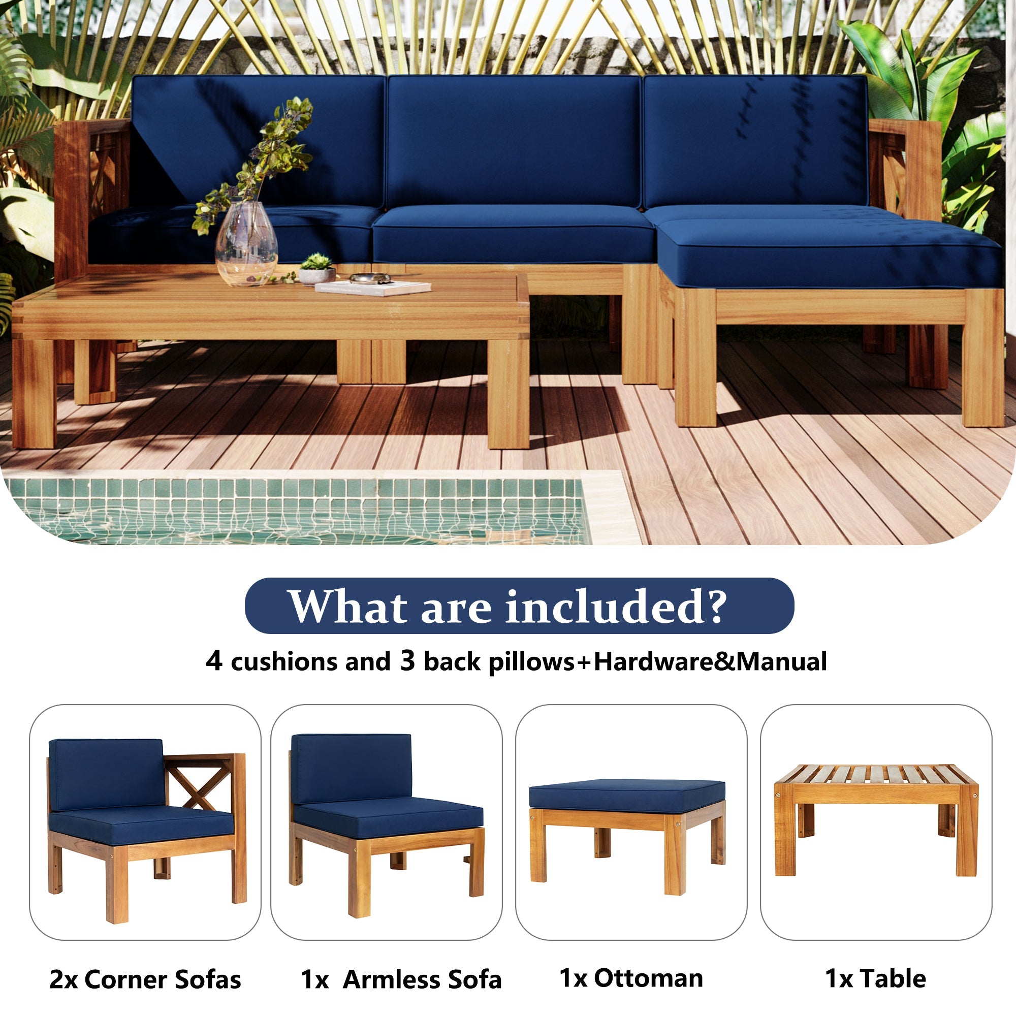 Outdoor Patio Sectional Set Acacia Wood Natural Blue Cushions 5 Piece