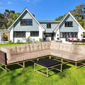 Outdoor Sectional Set Iron Frame Brown Beige 7 Piece Glass Table 106 In