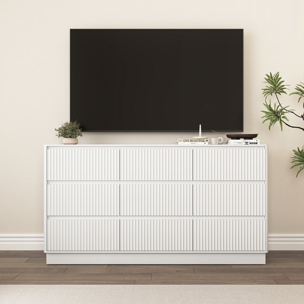 Dresser Mid-Century 9-Drawer White Wave No-Handle 59.1x15.7x31.6 In