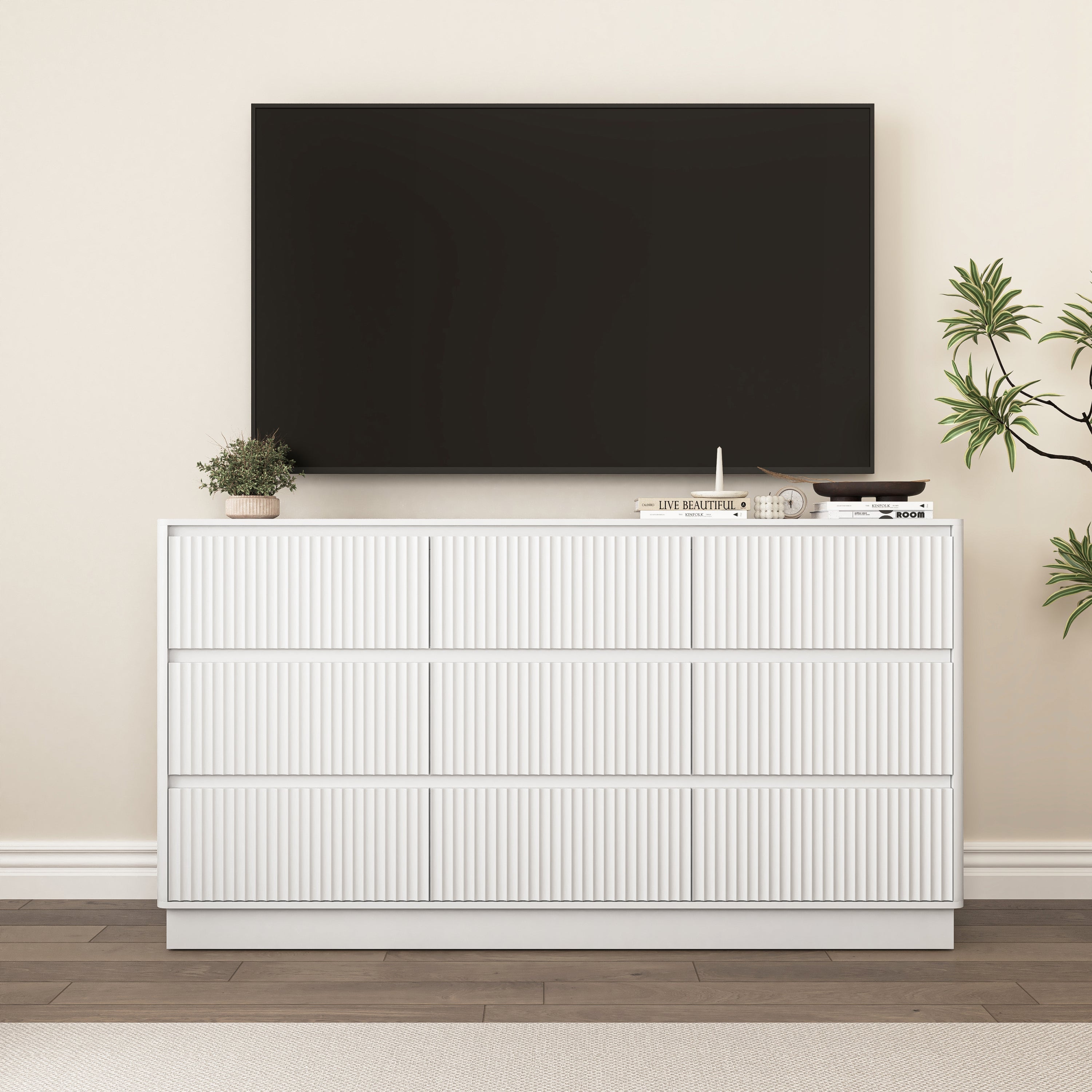 Dresser Mid-Century 9-Drawer White Wave No-Handle 59.1x15.7x31.6 In