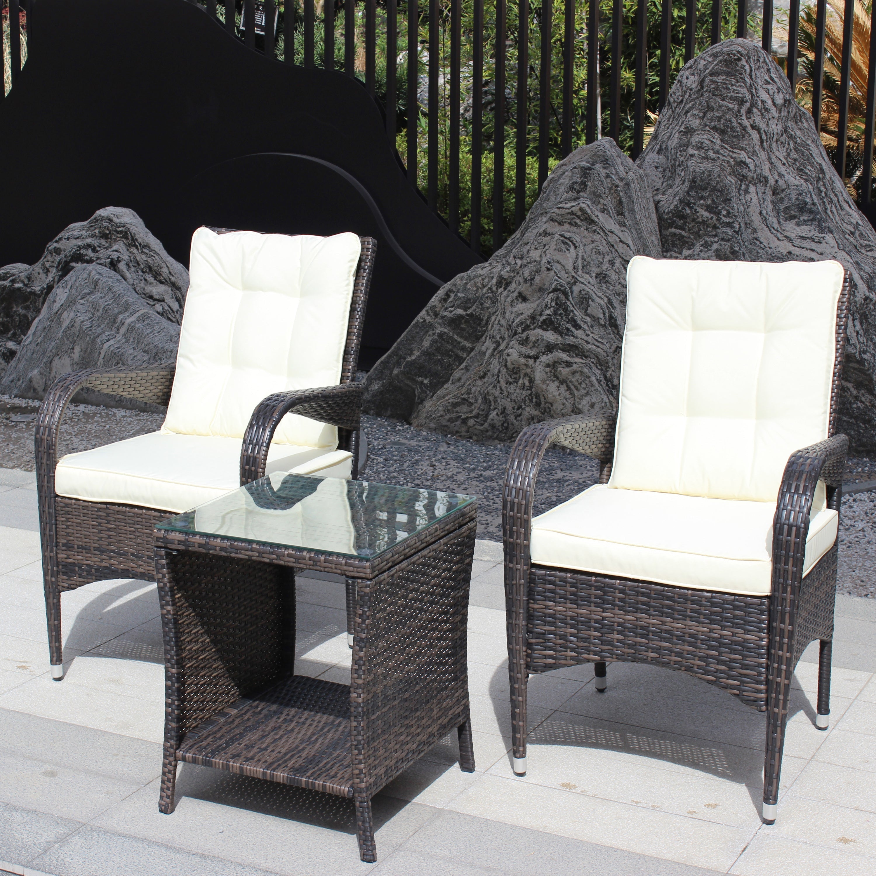 Outdoor Conversation Set PE Rattan Steel Brown Beige Cushion 3 Piece