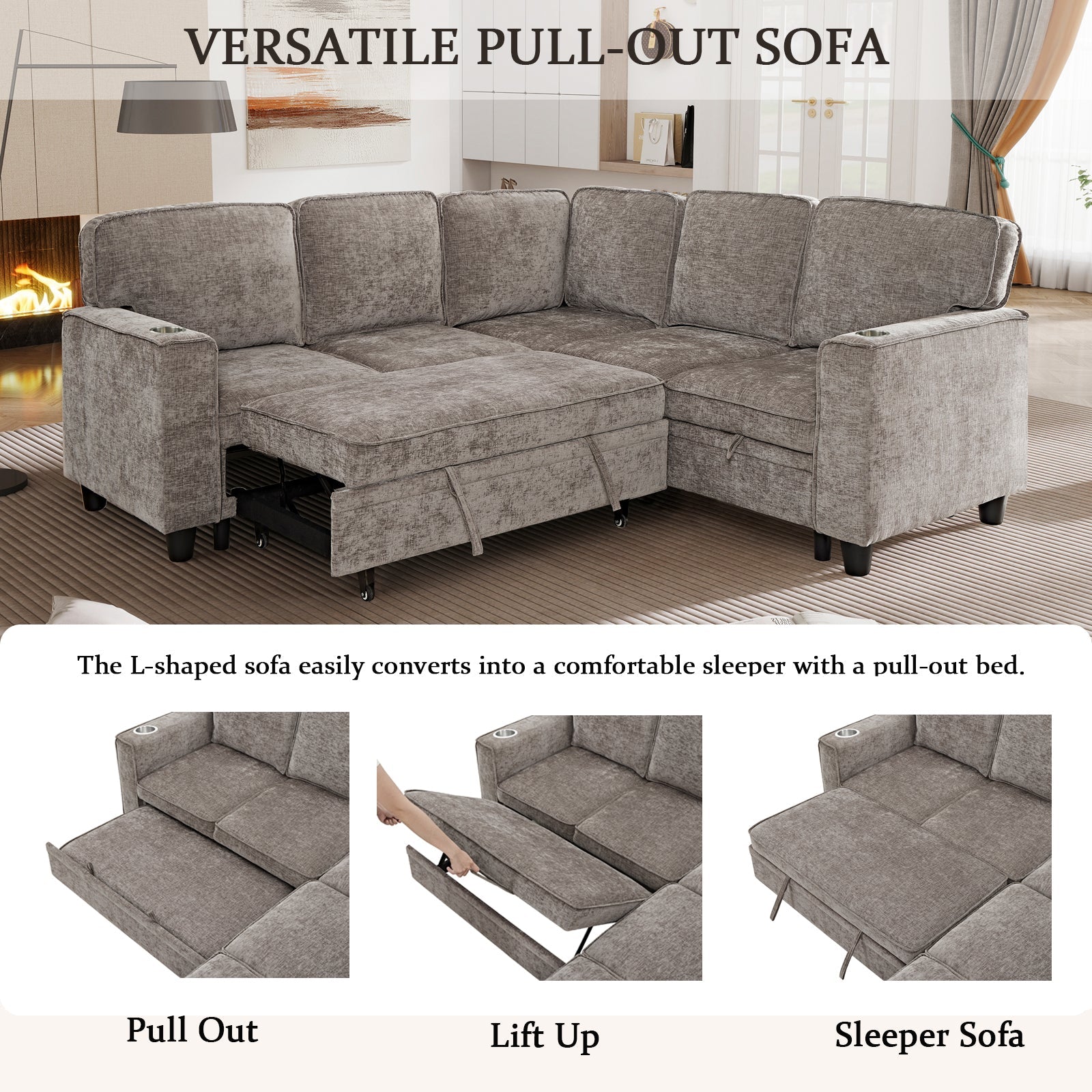 Sectional Sofa L-Shape Chenille Brown 5 Seat USB Ports Pull-Out 81 In