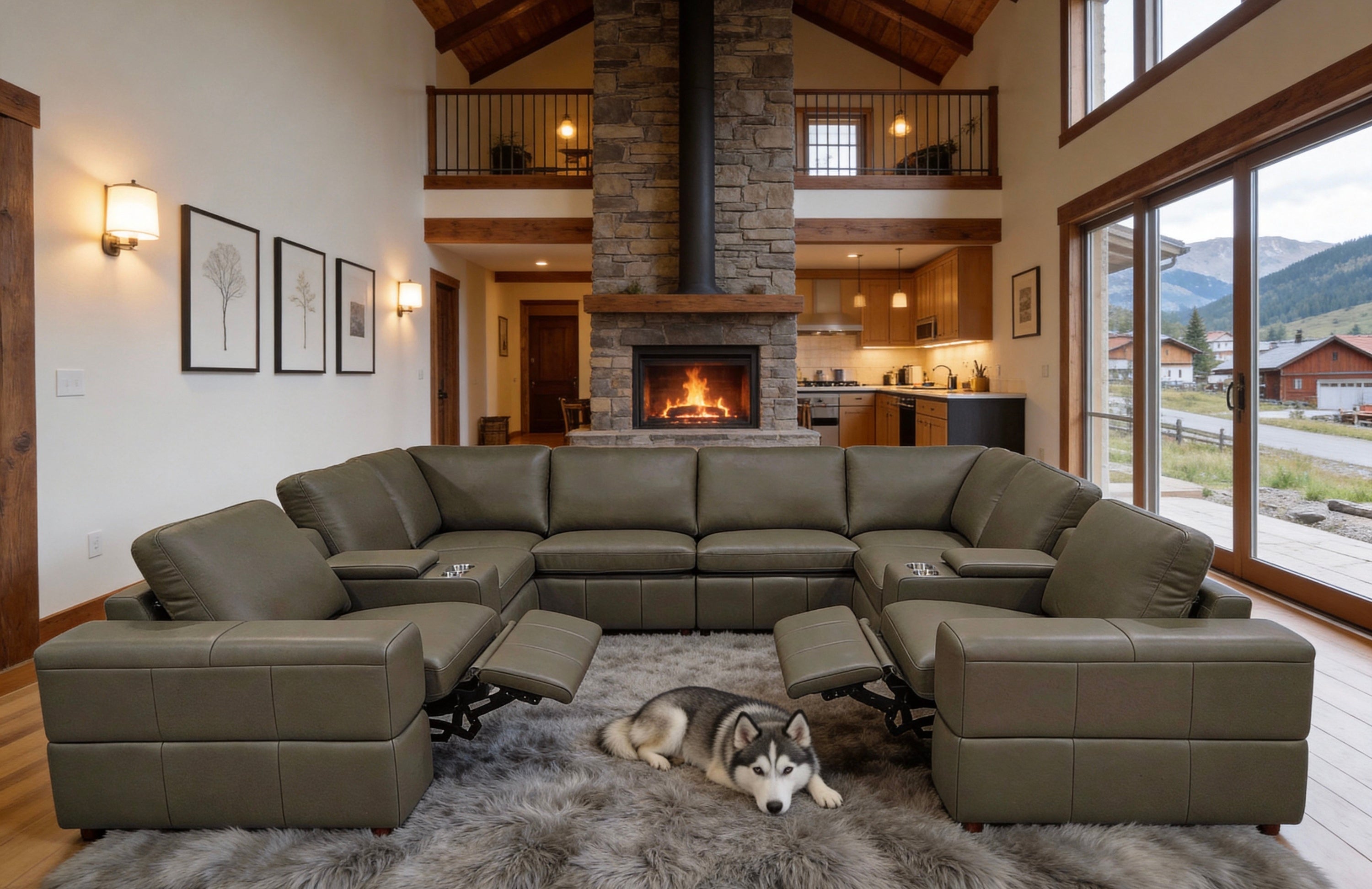 Sectional Sofa Modular Leather Match Olive 8 Seat 2 Recliners 128 In
