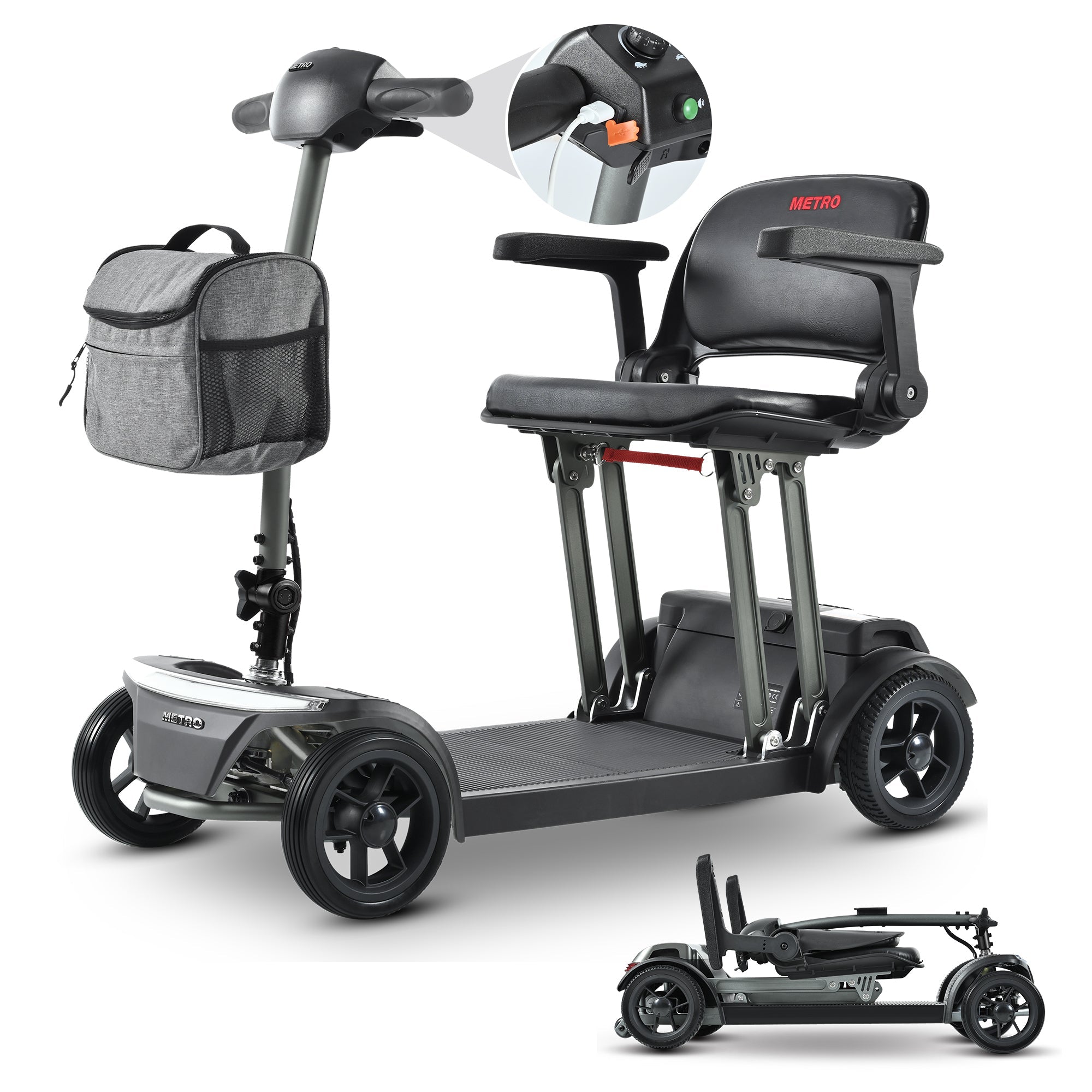 Mobility Scooter Folding Gray Metal Travel Compact Easy Store Transport