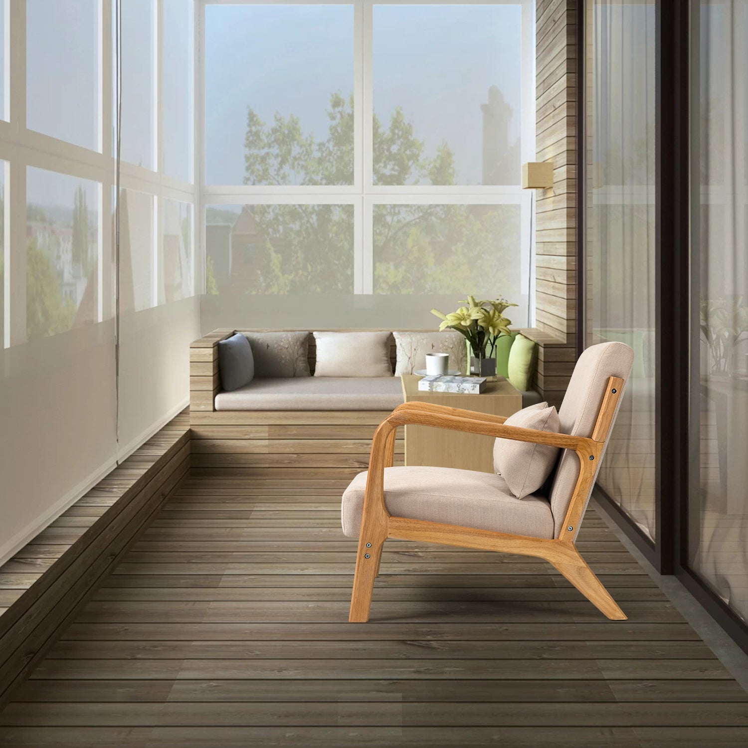 Accent Chair Mid-Century Linen Beige Solid Wood Arms and Legs 23x30x30 In