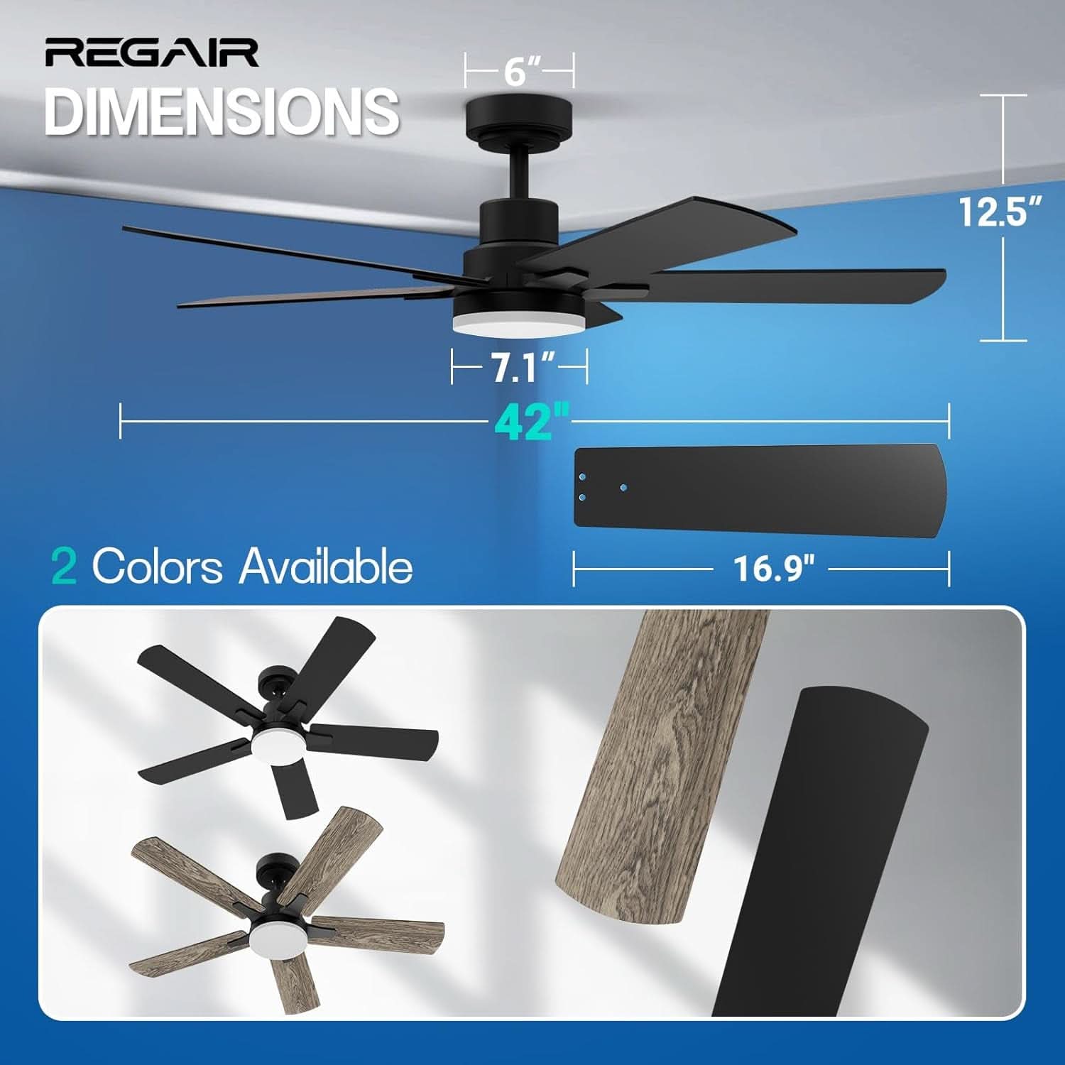 42 Inch Ceiling Fan With Light Remote DC Motor 3CCT Black
