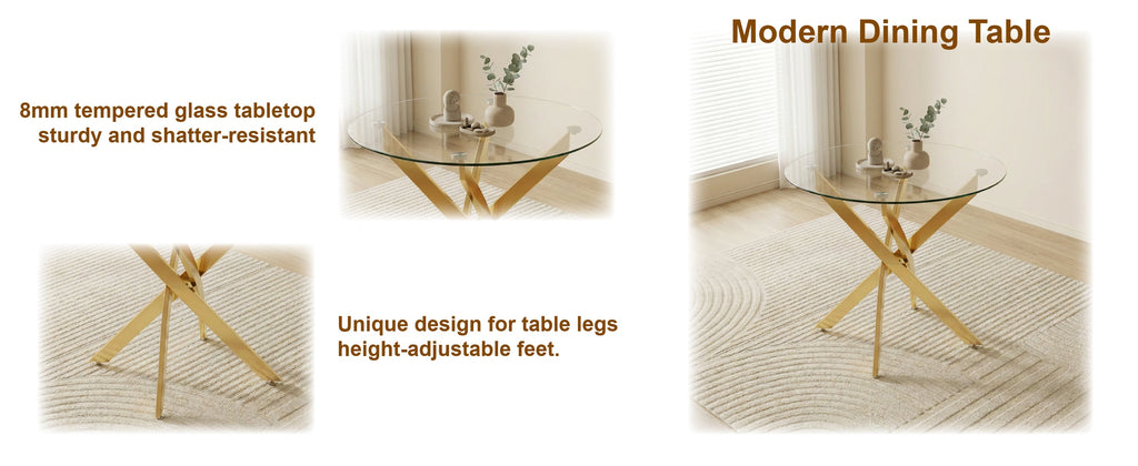Round Glass Dining Table Set for 4, 35.5' Glass Dining Table with Gold Legs,