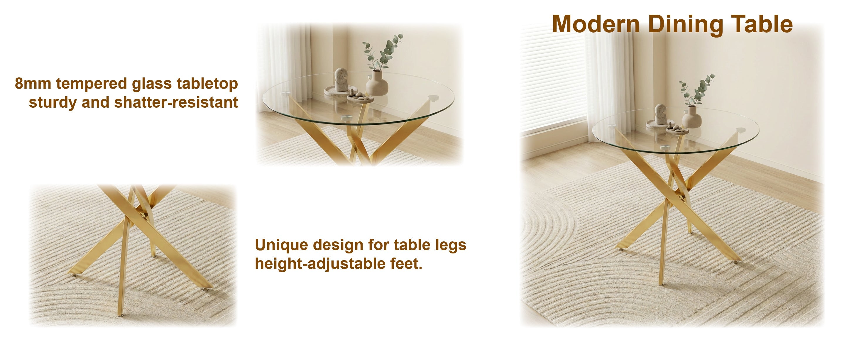 Round Glass Dining Table Set for 4, 35.5' Glass Dining Table with Gold Legs,