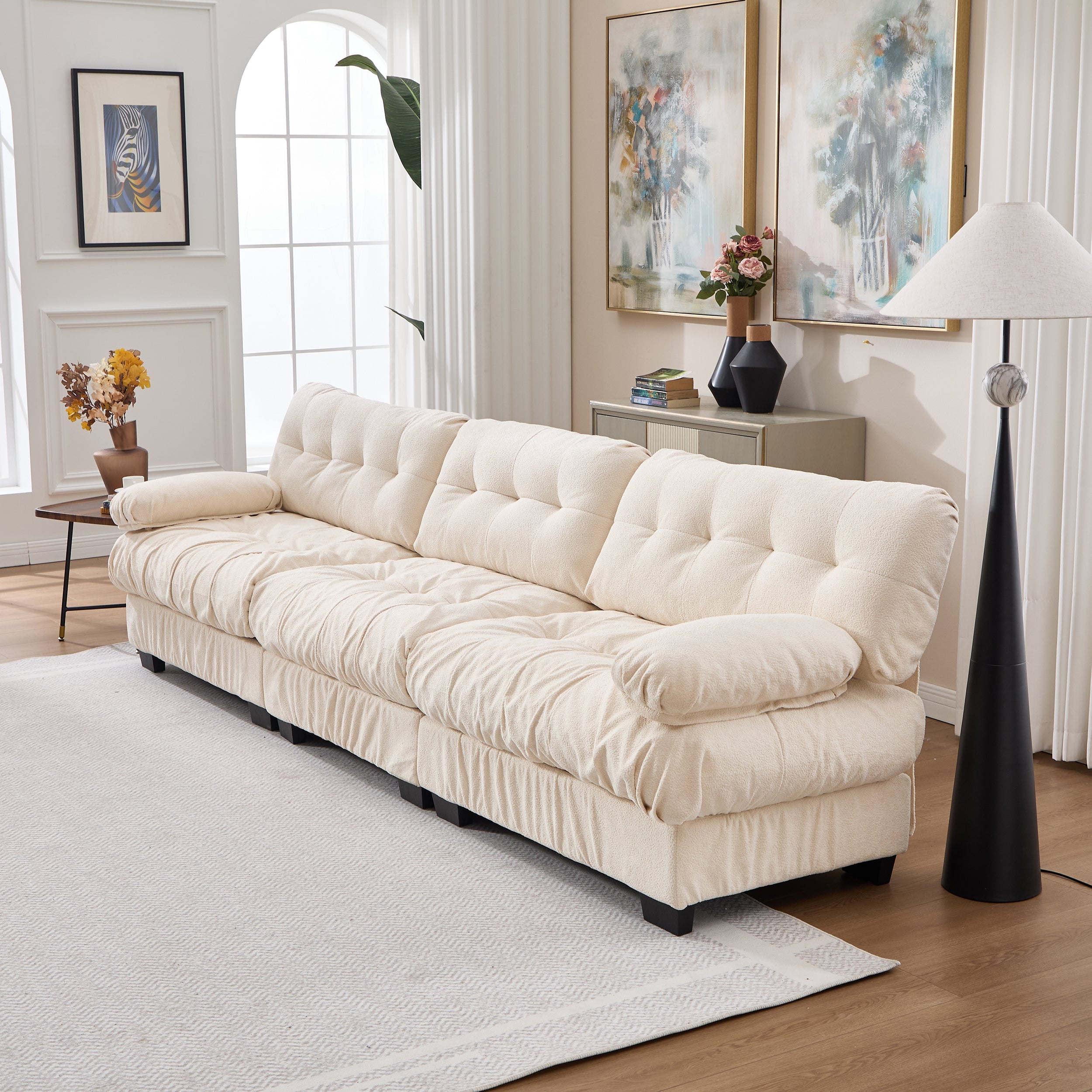 Sectional Sofa Cloud Modular Flannelette Beige 3 Seat 123 In 5 Pillows