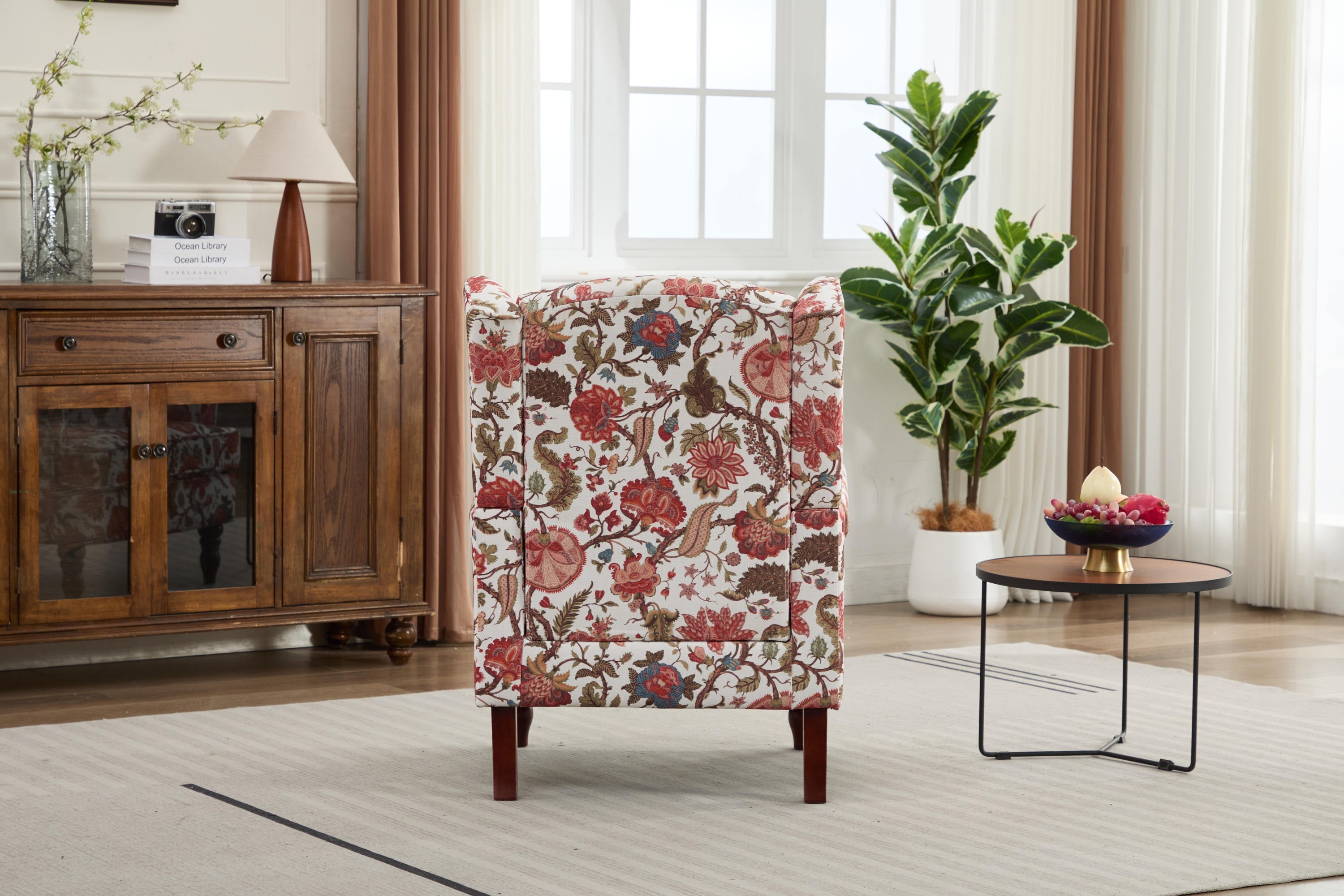 Accent Chair Wingback Linen Floral Red Pine Legs 28x30x38 In