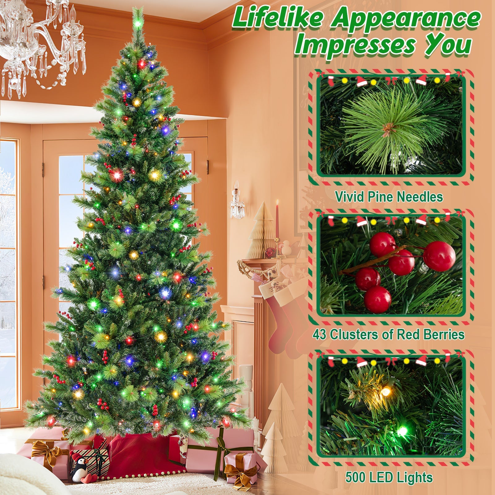 6/7/8 Feet Pre-Lit Artificial Christmas Tree with 300/400/500 LED Lights