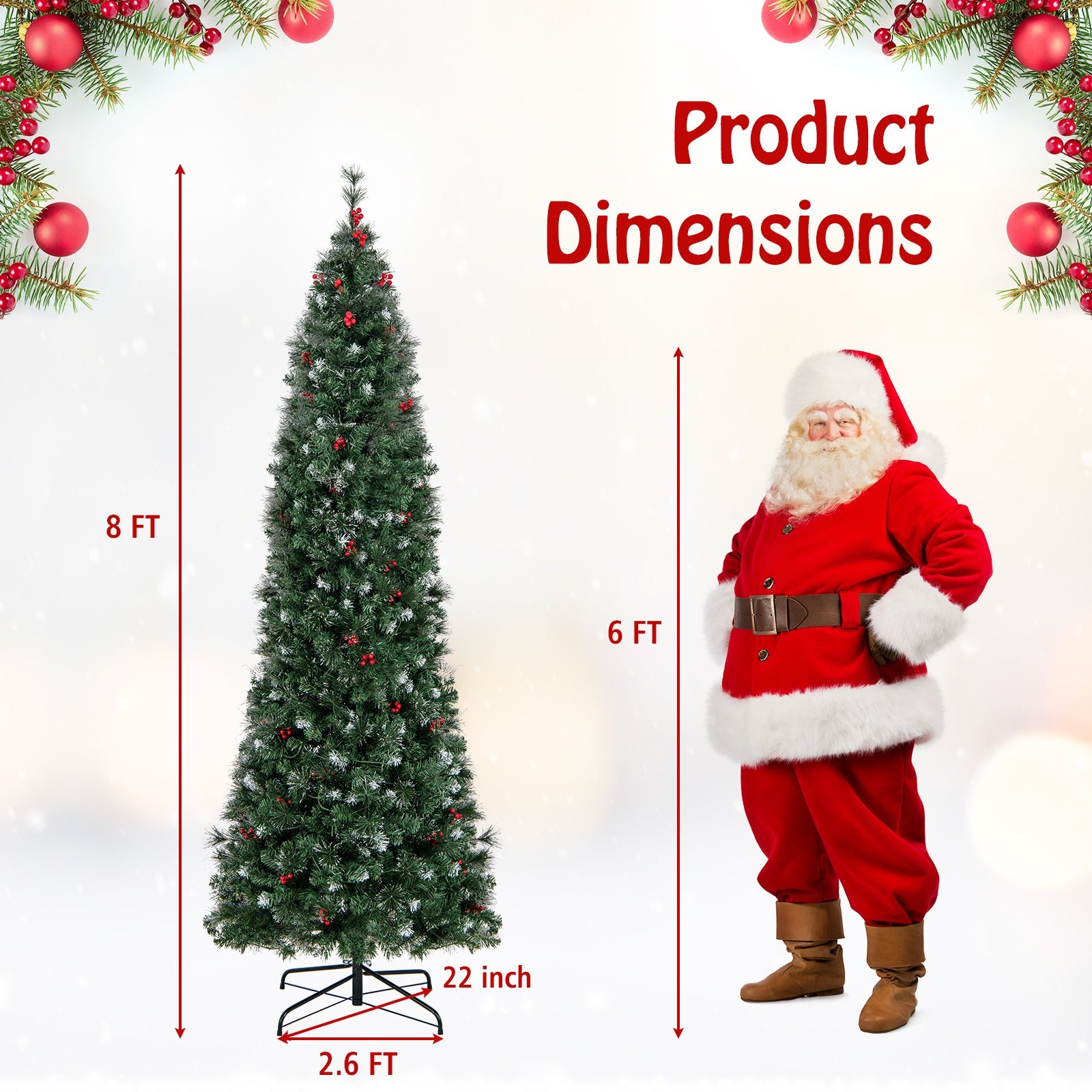 5/6/7/8/9 FT Pre-Lit Artificial Hinged Slim Pencil Christmas Tree