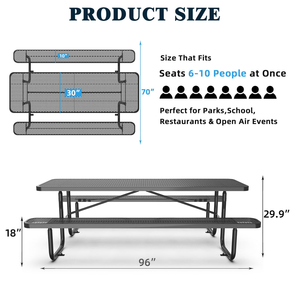 8 ft Metal Picnic Tables for Outdoors, Rectangle Coated Steel Patio Furniture Set