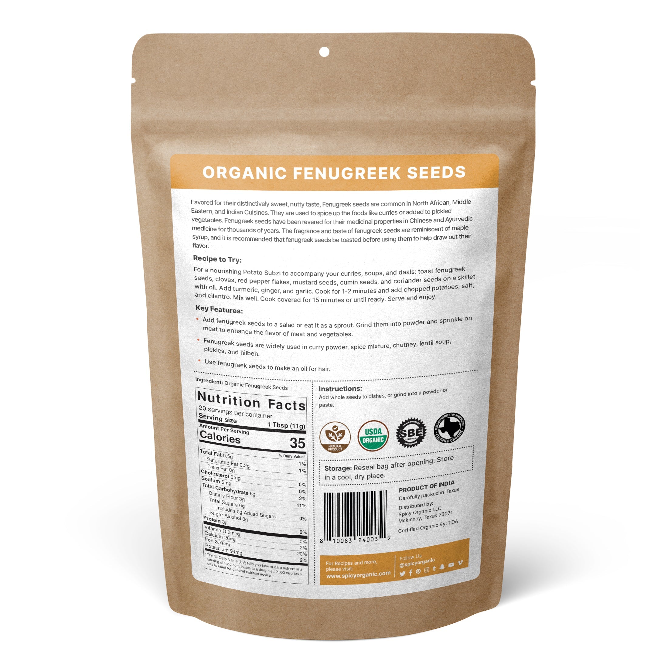 Organic Fenugreek Seeds (Whole Methi) – For Tempering, Pickling & Sprouting | USDA Certified Organic