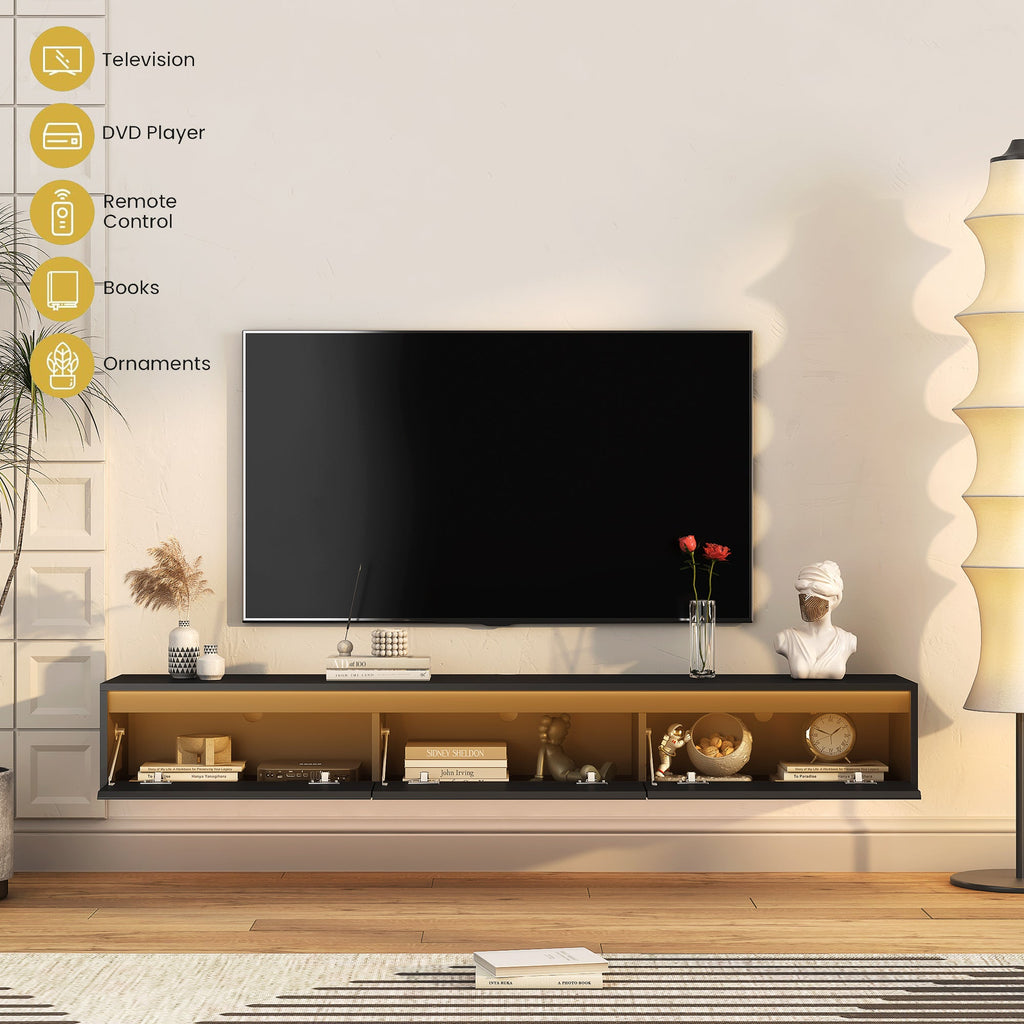 TV Stand Wall-Mounted Floating LED Black MDF 3 AC 2 USB Fits 65 In TV