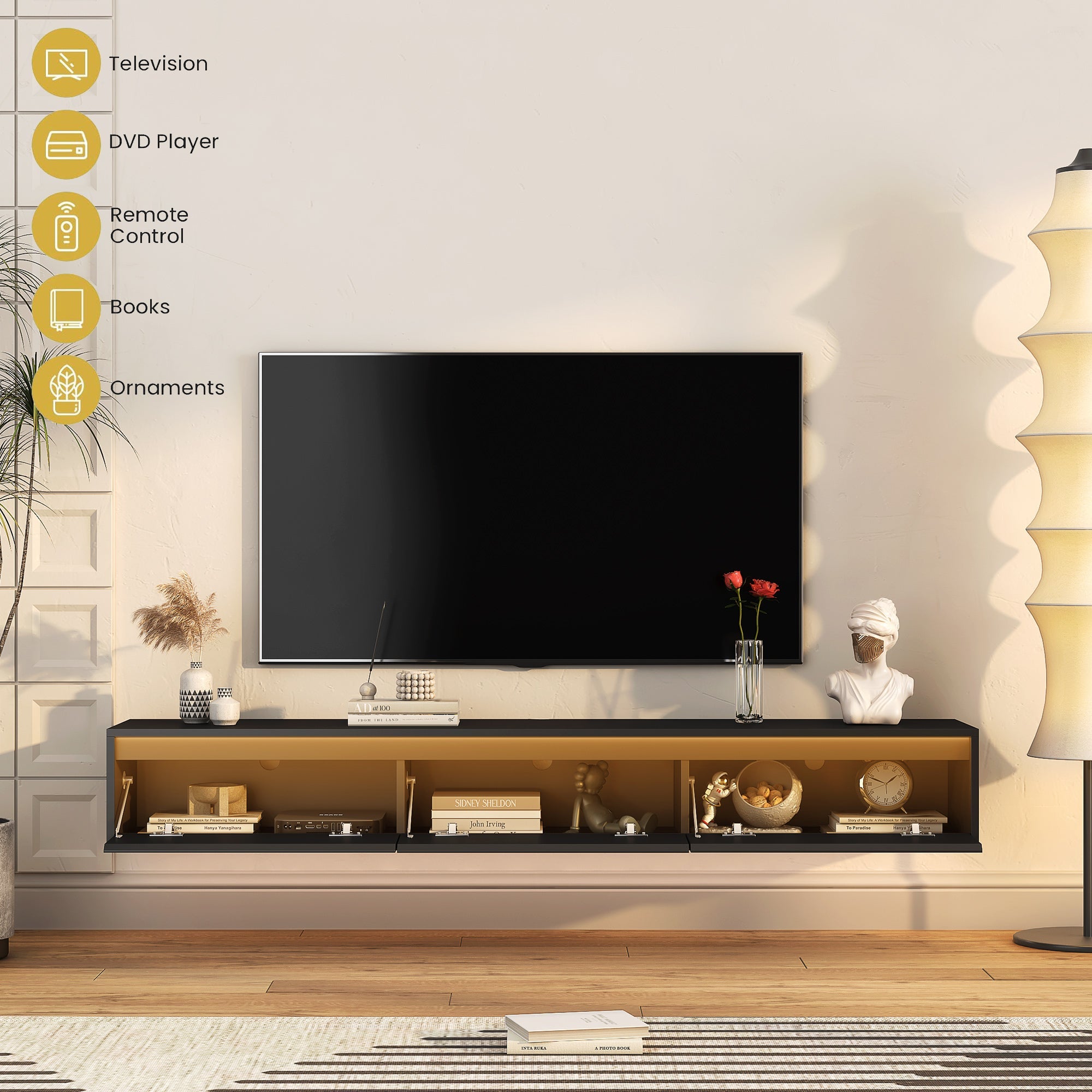 TV Stand Wall-Mounted Floating LED Black MDF 3 AC 2 USB Fits 65 In TV
