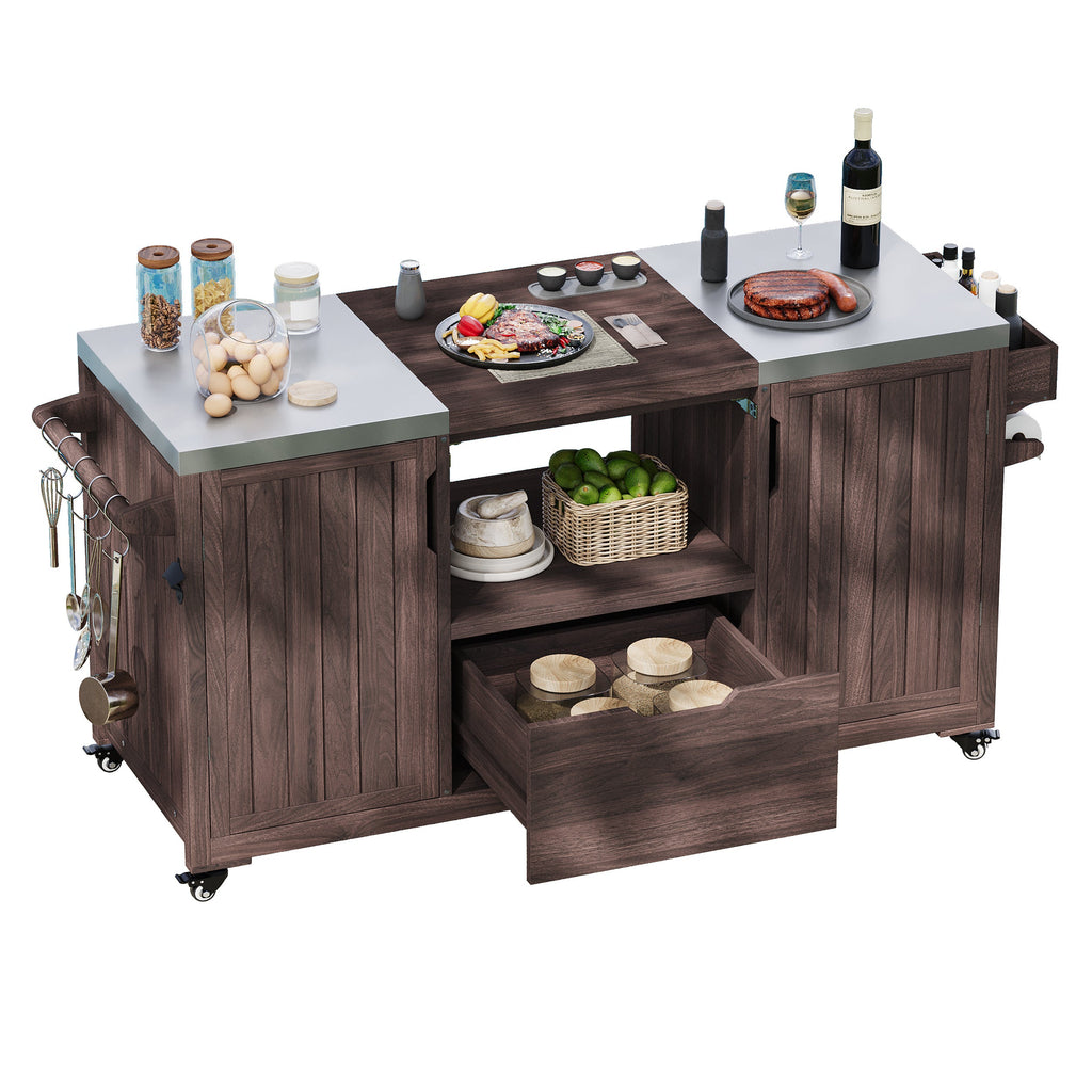 Outdoor Kitchen Island Grill Cart Fir Wood Stainless Steel 66.5