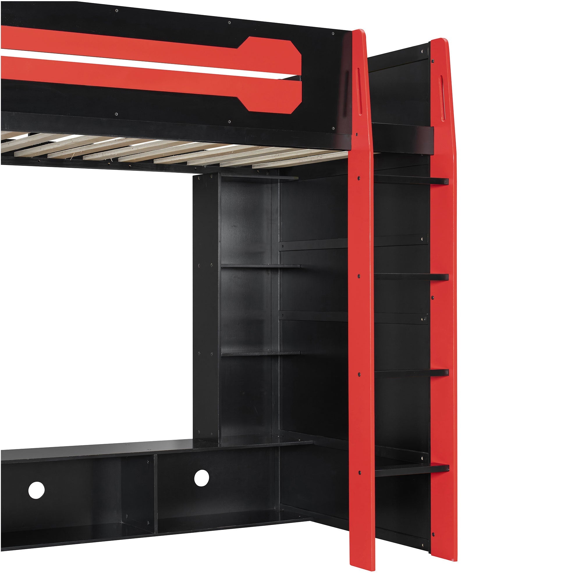 Twin Size Wood Loft Bed with Desk, Multi-storage Shelves and RGB Light, Red