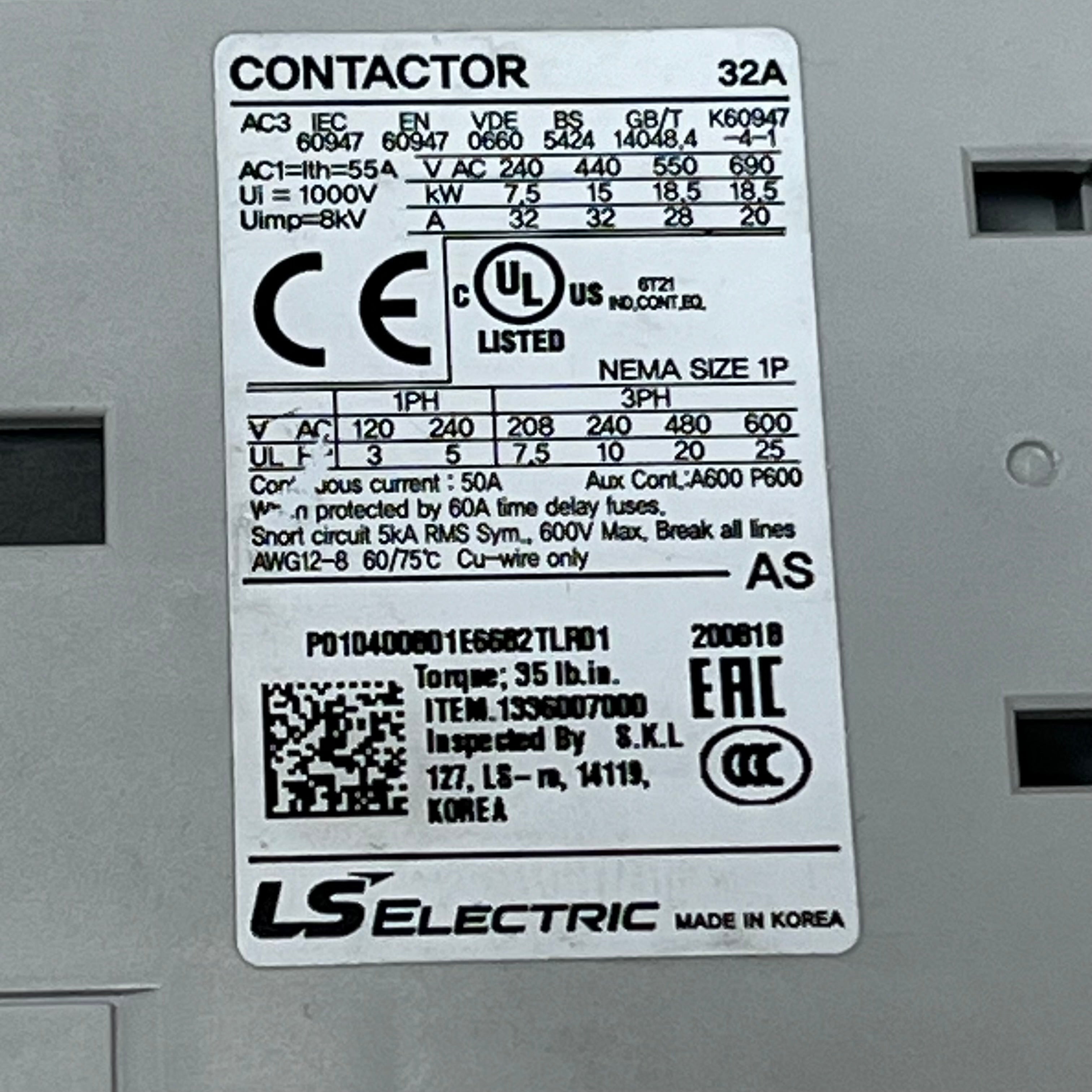 LS ELECTRIC General Purpose Contractor 32A Nema Sz1P 230VAC MC Series 1336007000