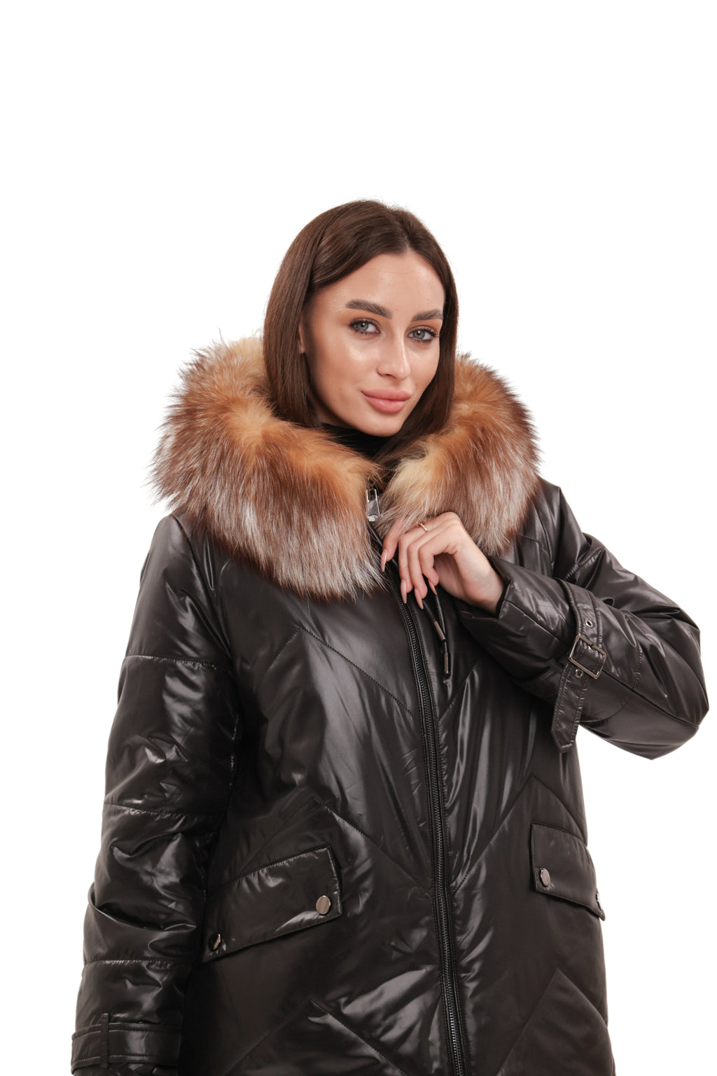 Genuine Fox Fur Trim Mid Length Coat