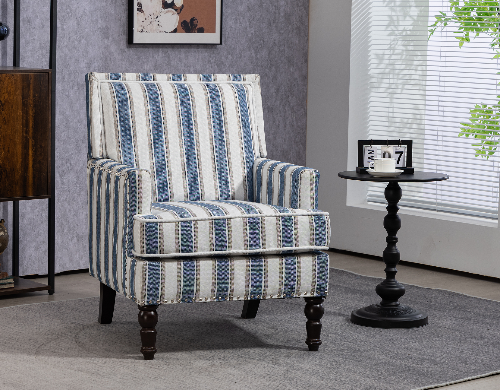Accent Chair Vintage Striped Linen Blue White Nailhead Solid Wood Legs