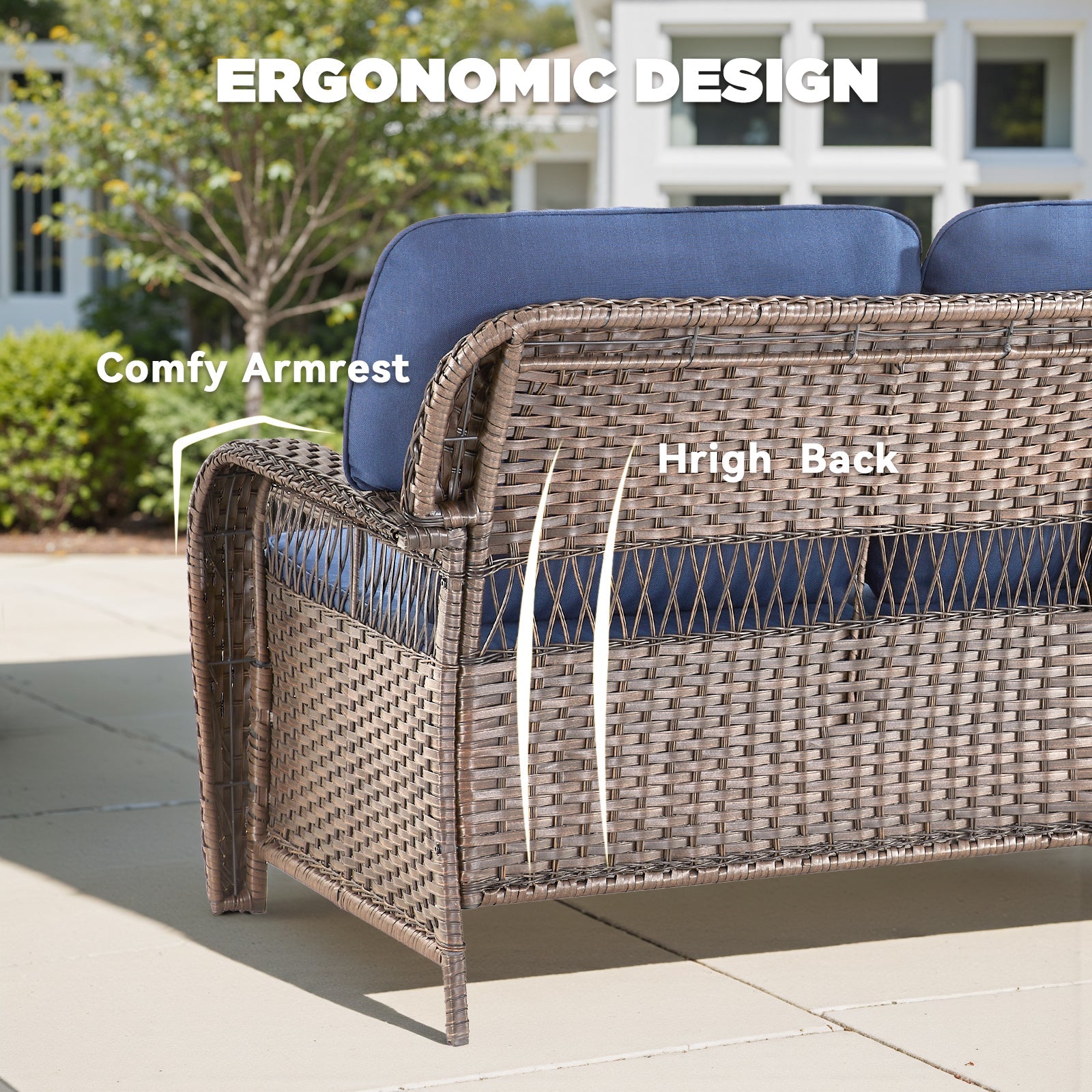 Outdoor Sofa T-Back PE Rattan Blue 3 Seat 5 in Foam Cushions 75in