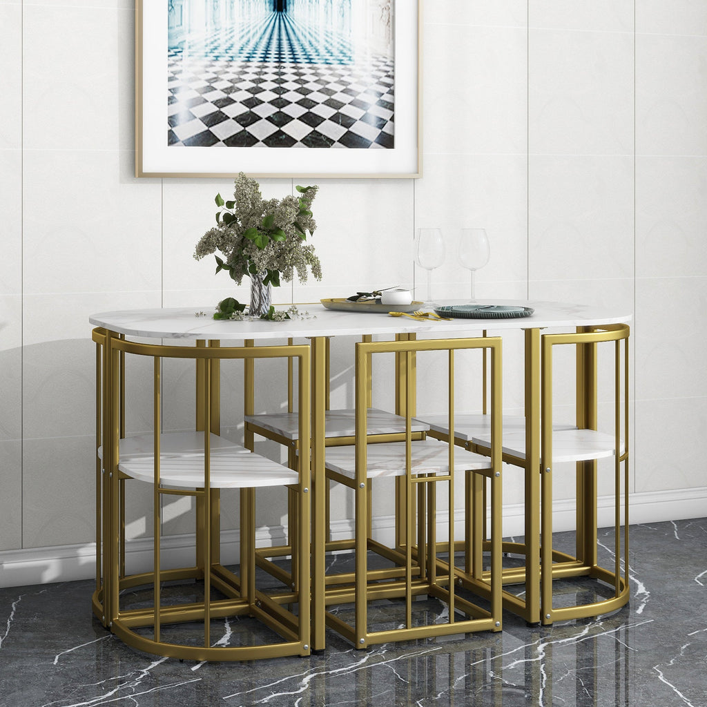 Modern 7-Piece Dining Table Set with Faux Marble Compact 55 In Kitchen Table Set for 6